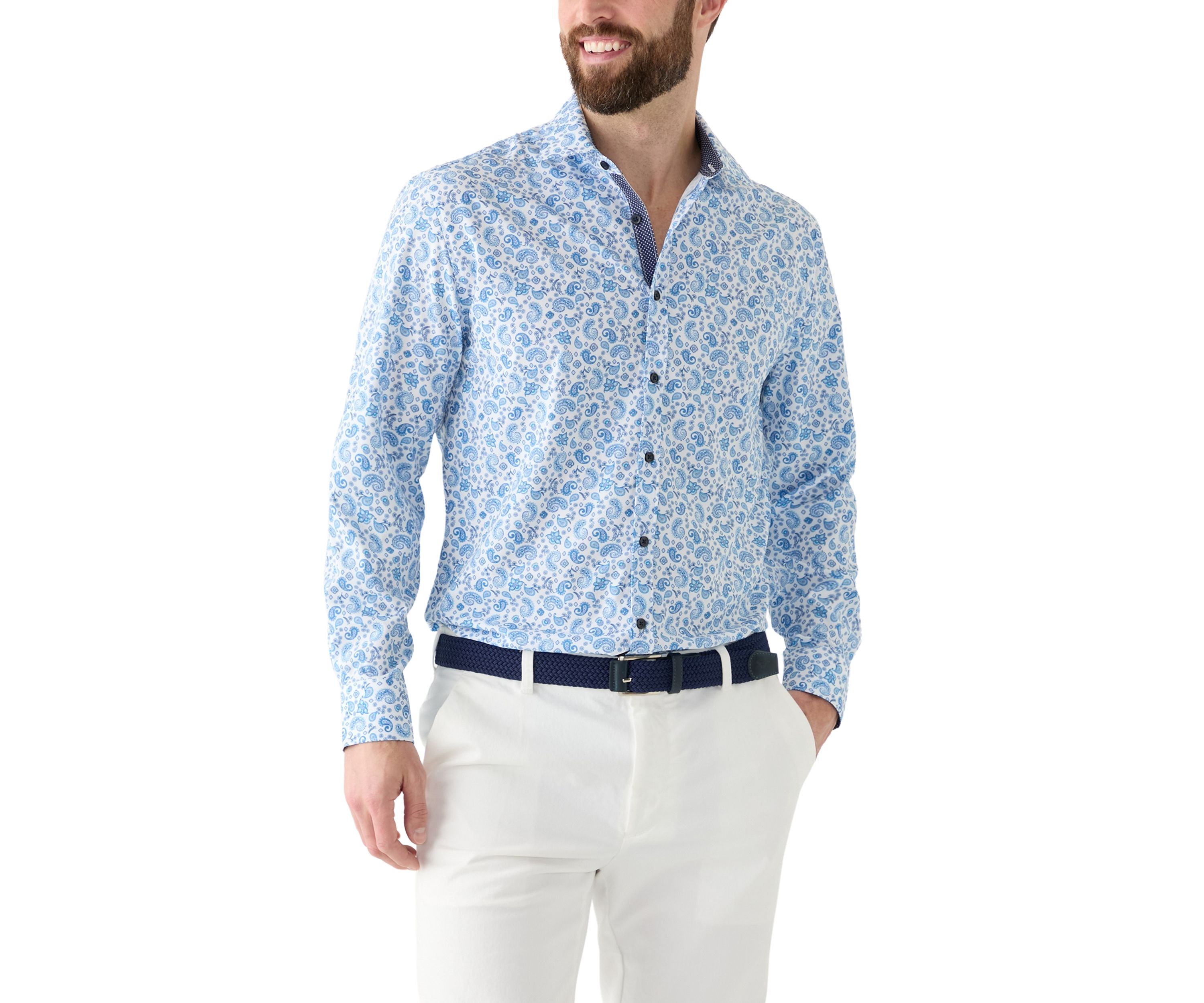 Slim Fit Light Blue Paisley Performance Stretch Dress Shirt