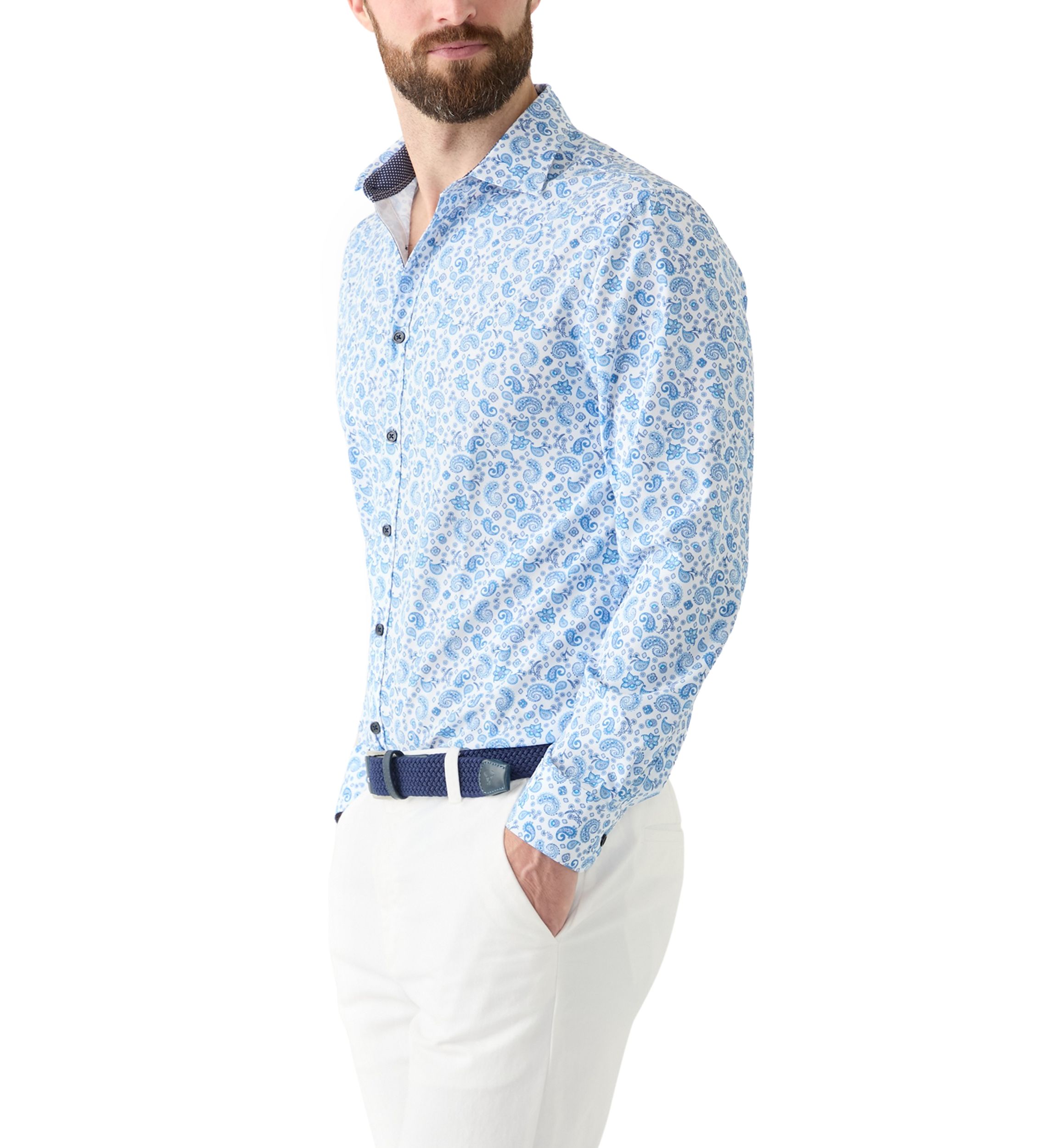 Slim Fit Light Blue Paisley Performance Stretch Dress Shirt