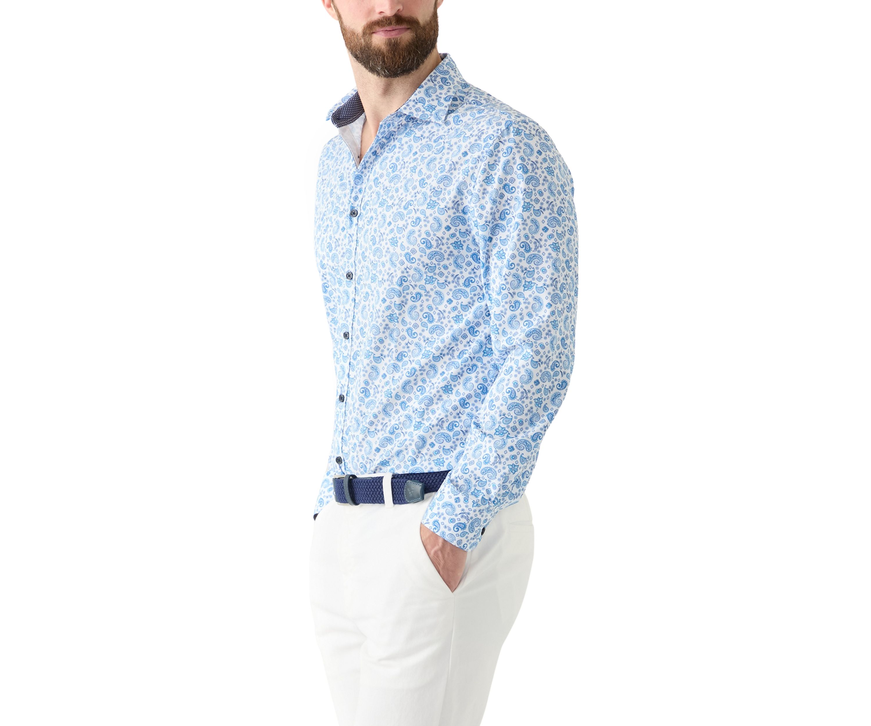Slim Fit Light Blue Paisley Performance Stretch Dress Shirt