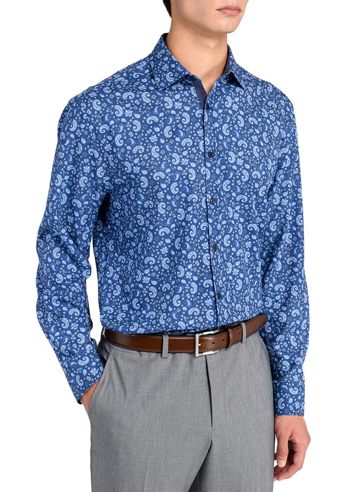Mens Slim Fit Navy Paisley Performance Stretch Dress Shirt