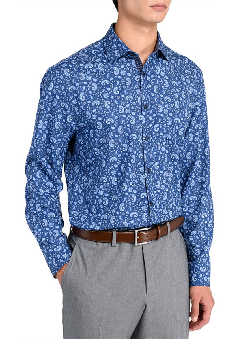 Mens Slim Fit Navy Paisley Performance Stretch Dress Shirt