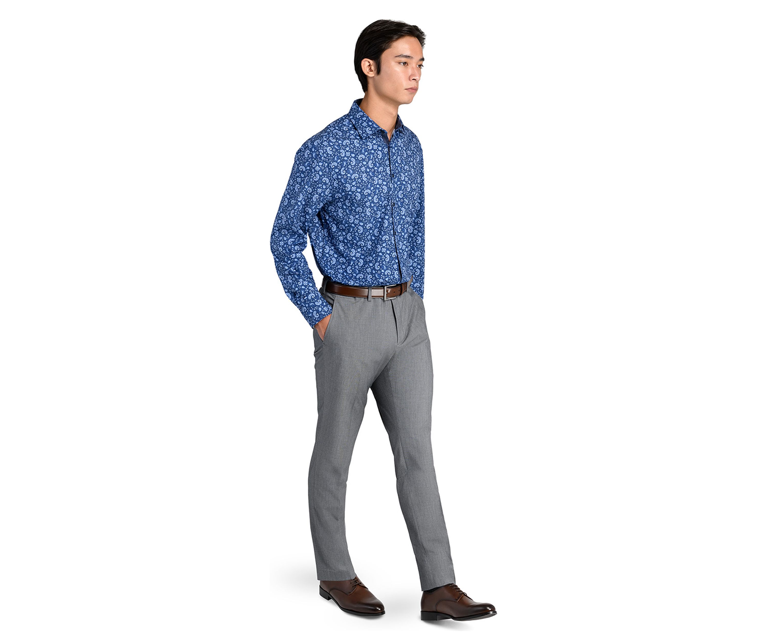 Mens Slim Fit Navy Paisley Performance Stretch Dress Shirt