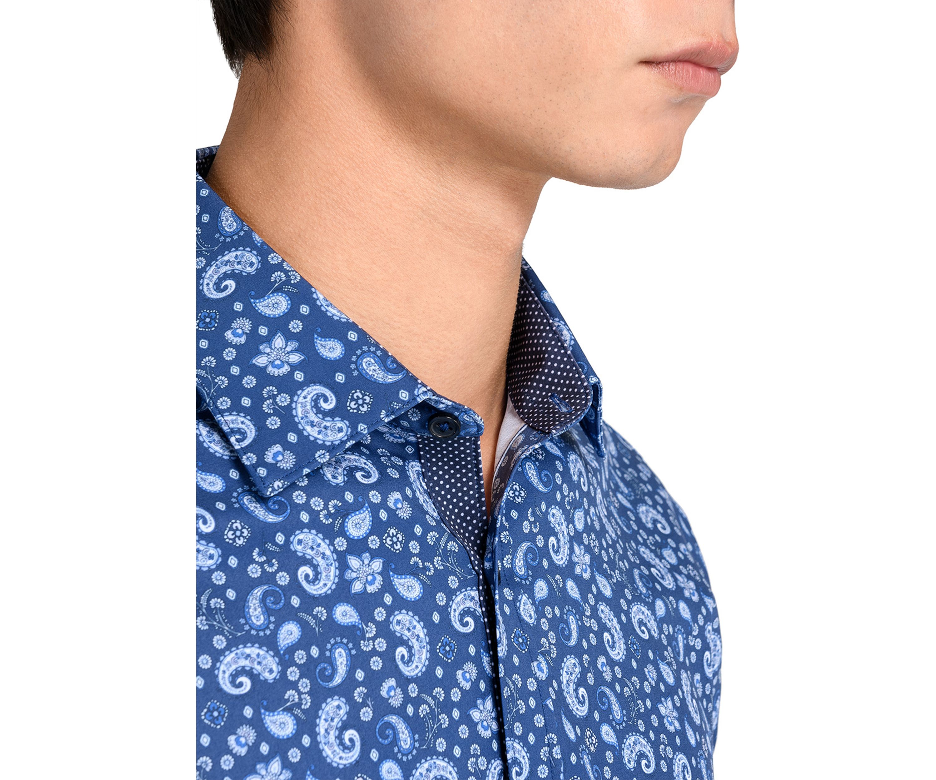 Mens Slim Fit Navy Paisley Performance Stretch Dress Shirt