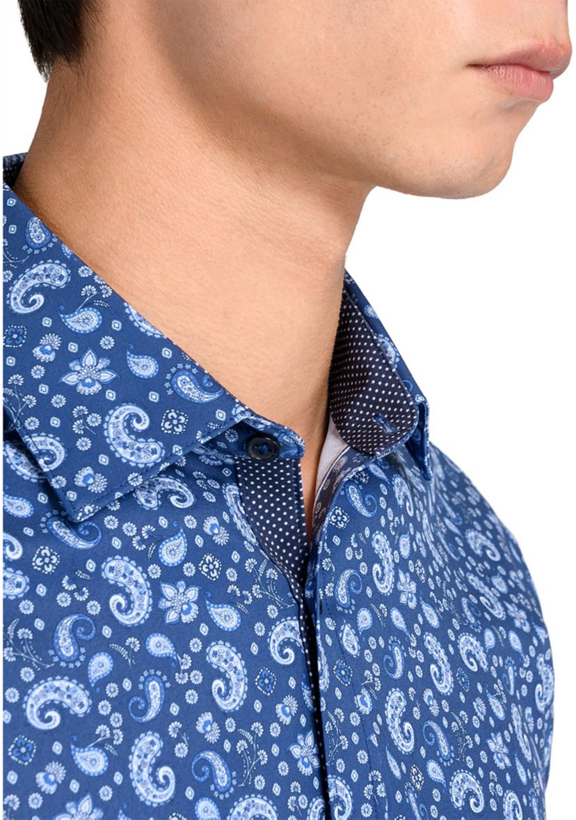 Mens Slim Fit Navy Paisley Performance Stretch Dress Shirt