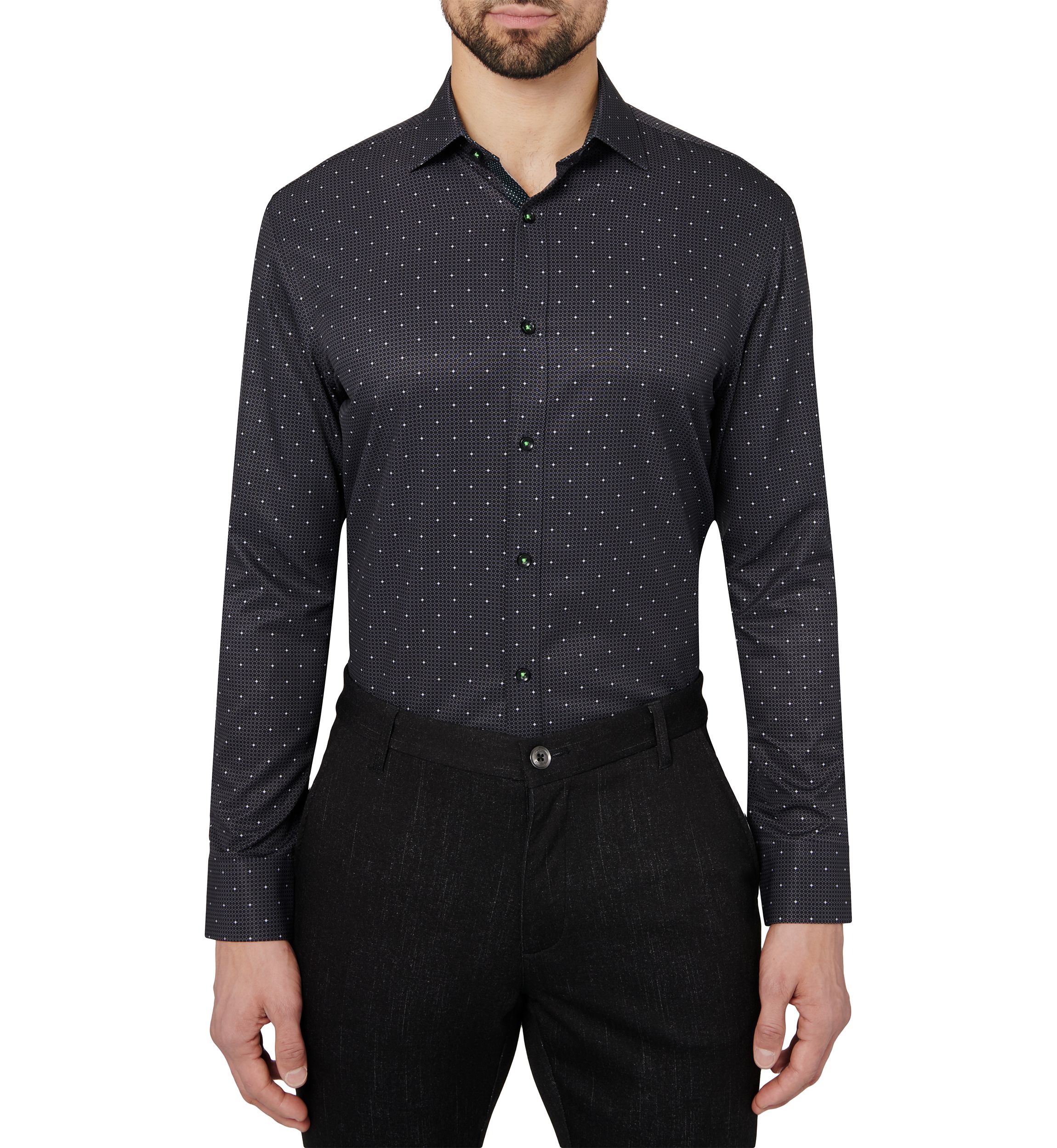 Mens Slim Fit Black Connected Geo Performance Stretch Dress Shirt