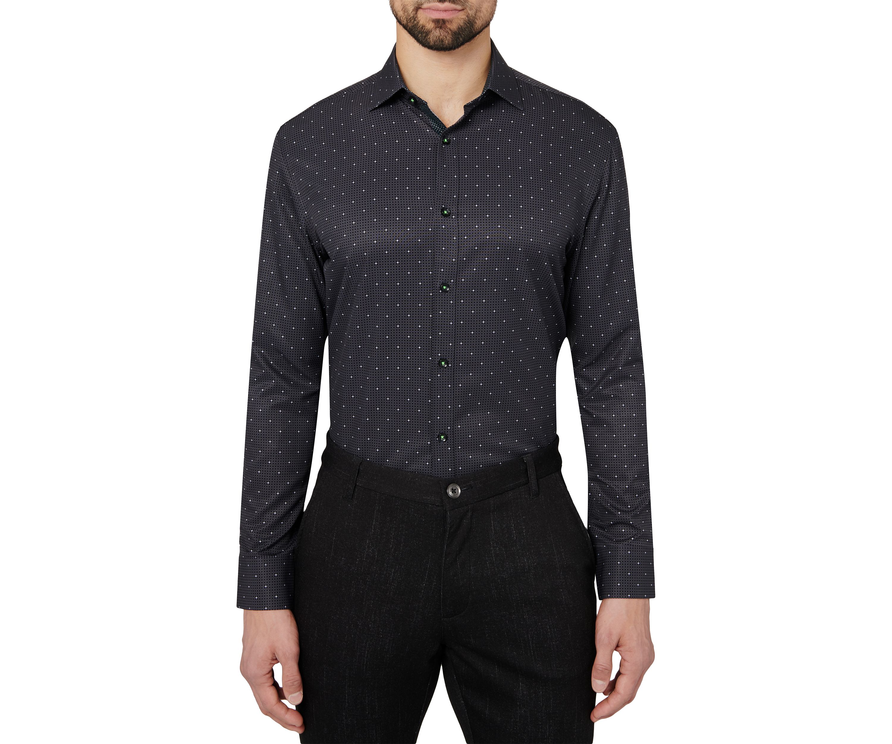 Mens Slim Fit Black Connected Geo Performance Stretch Dress Shirt