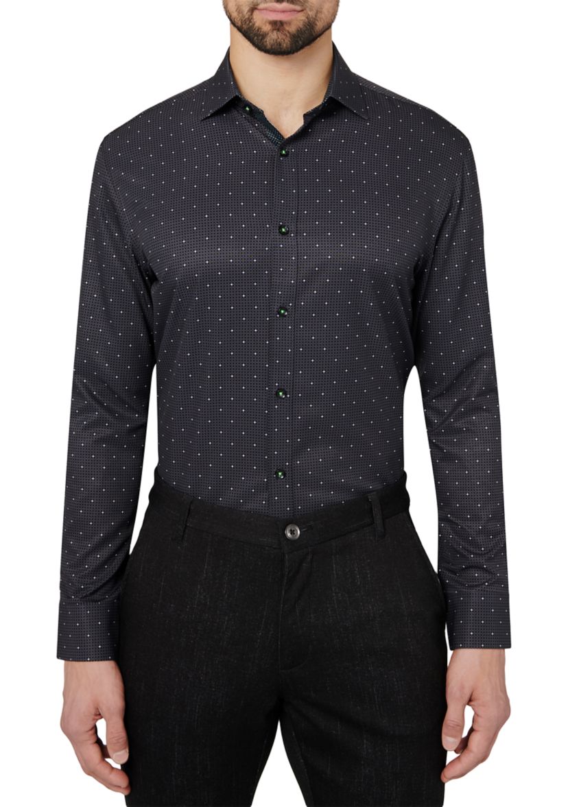 Mens Slim Fit Black Connected Geo Performance Stretch Dress Shirt