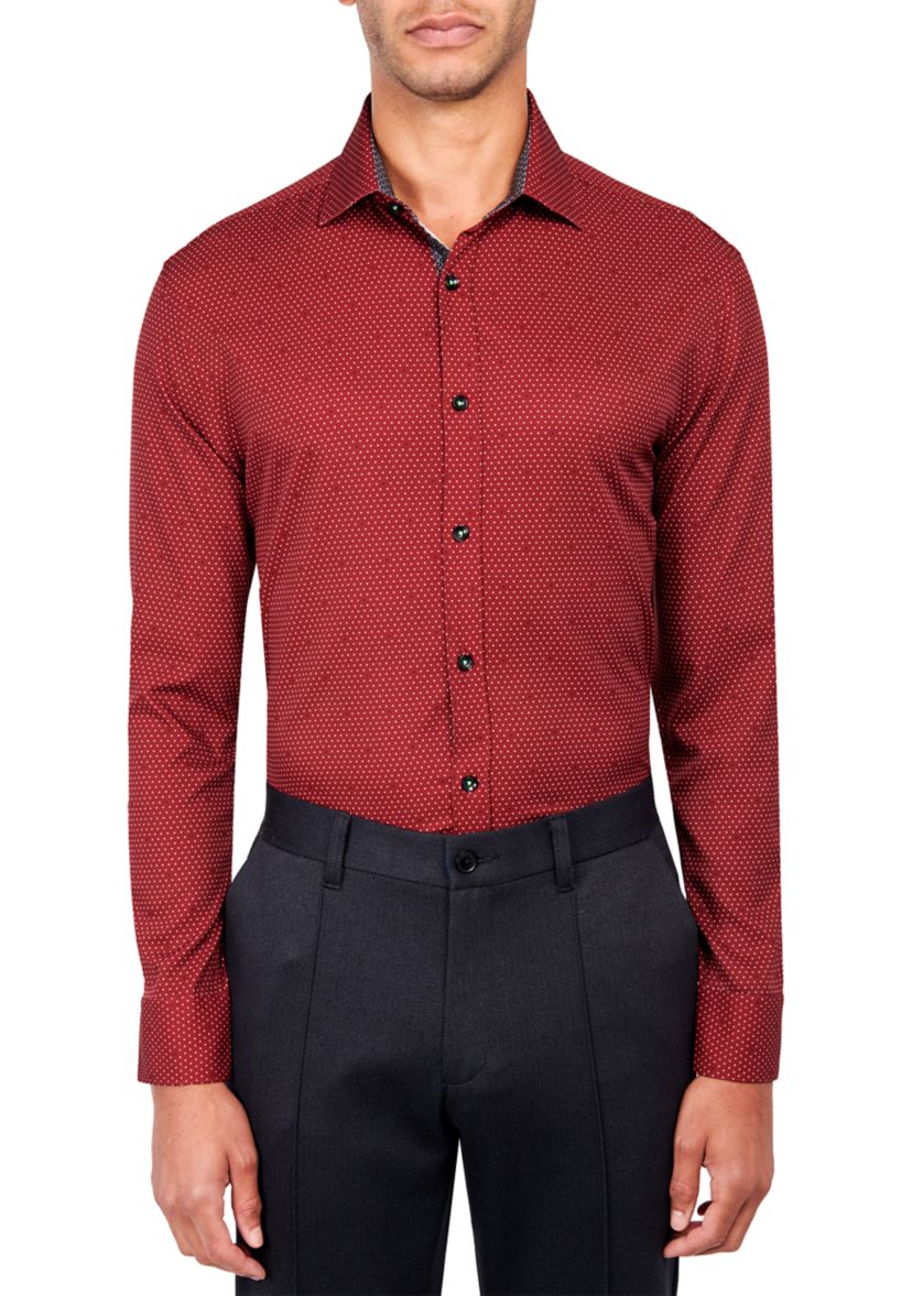 Slim Fit Burgundy Dot Performance Stretch Dress Shirt