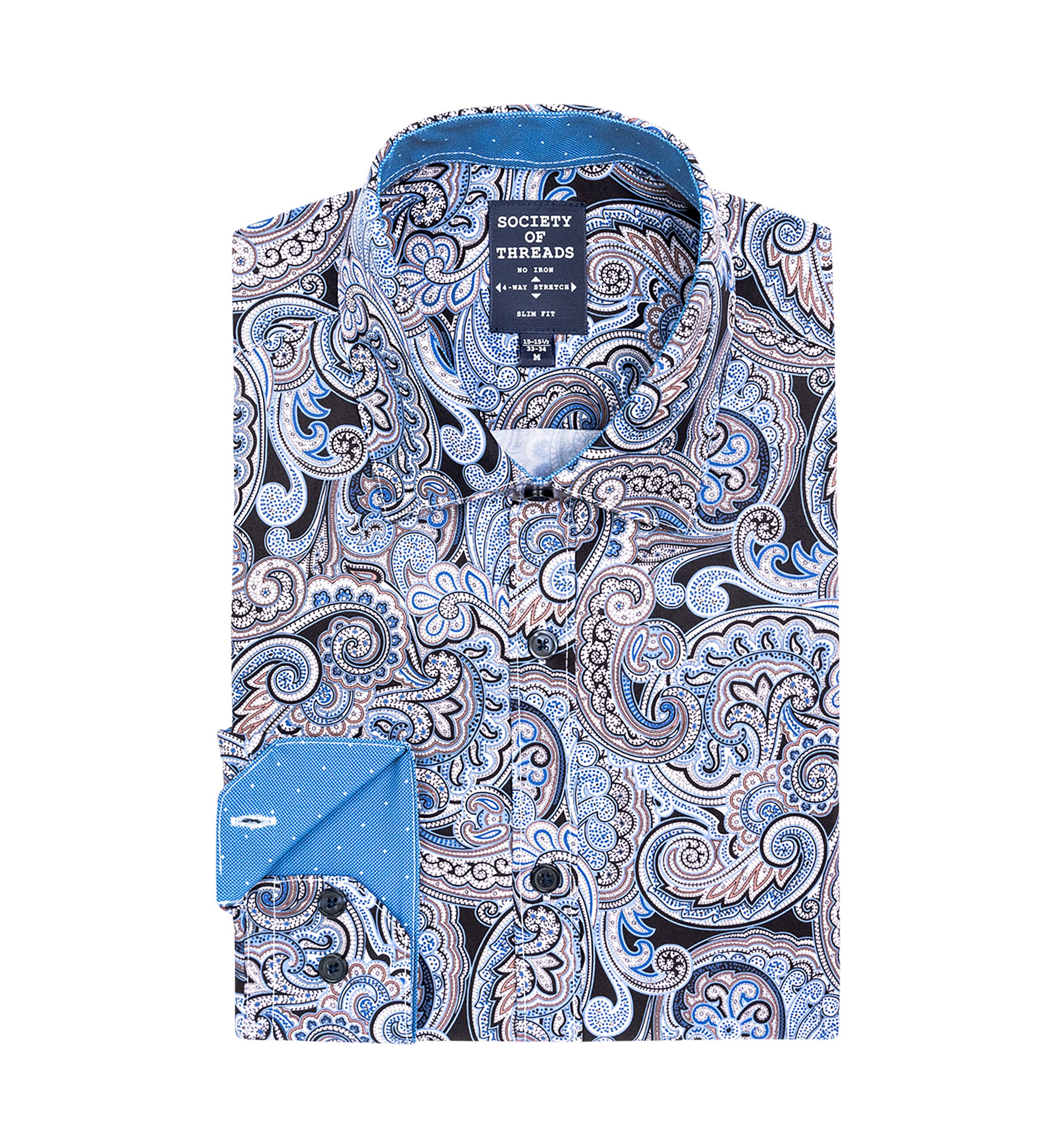 Mens Slim Fit Navy Swirl Paisley Performance Stretch Dress Shirt