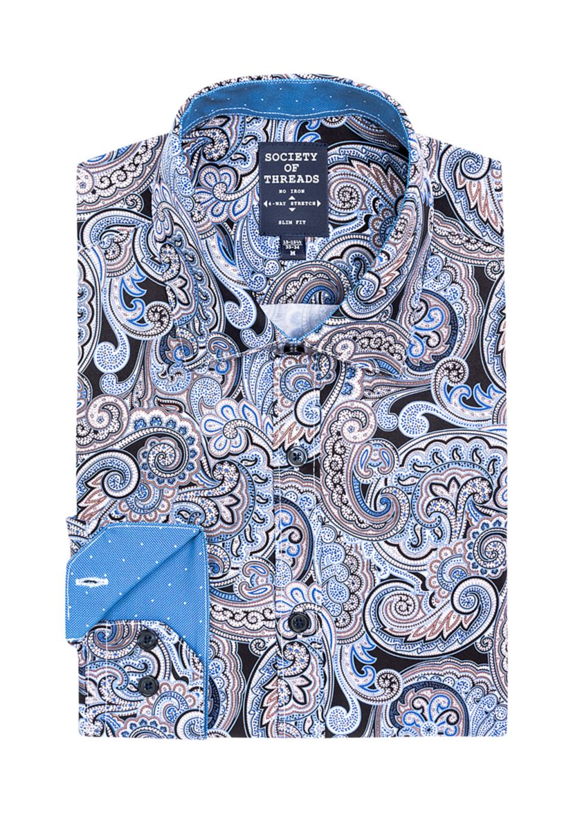 Mens Slim Fit Navy Swirl Paisley Performance Stretch Dress Shirt