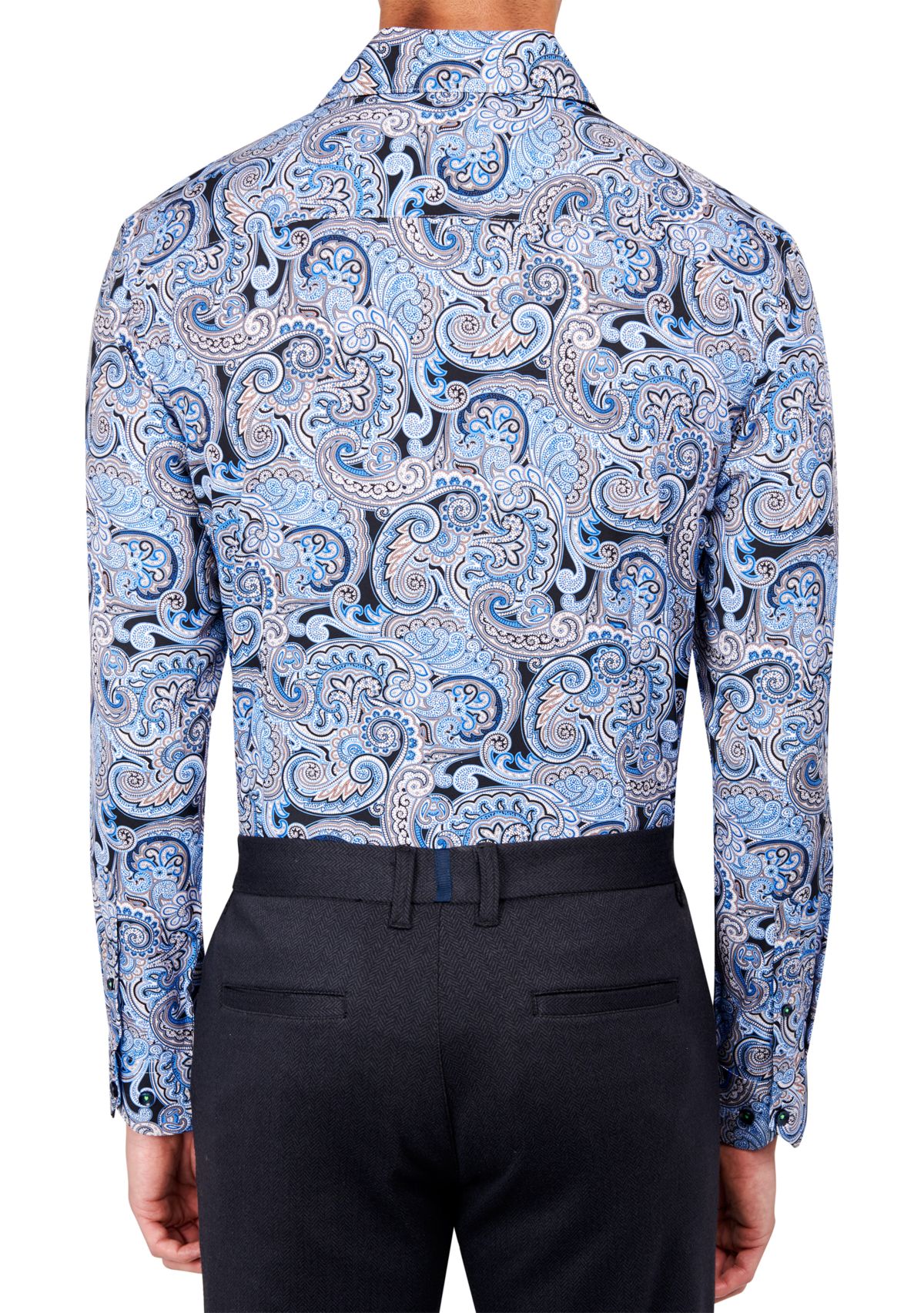 Mens Slim Fit Navy Swirl Paisley Performance Stretch Dress Shirt