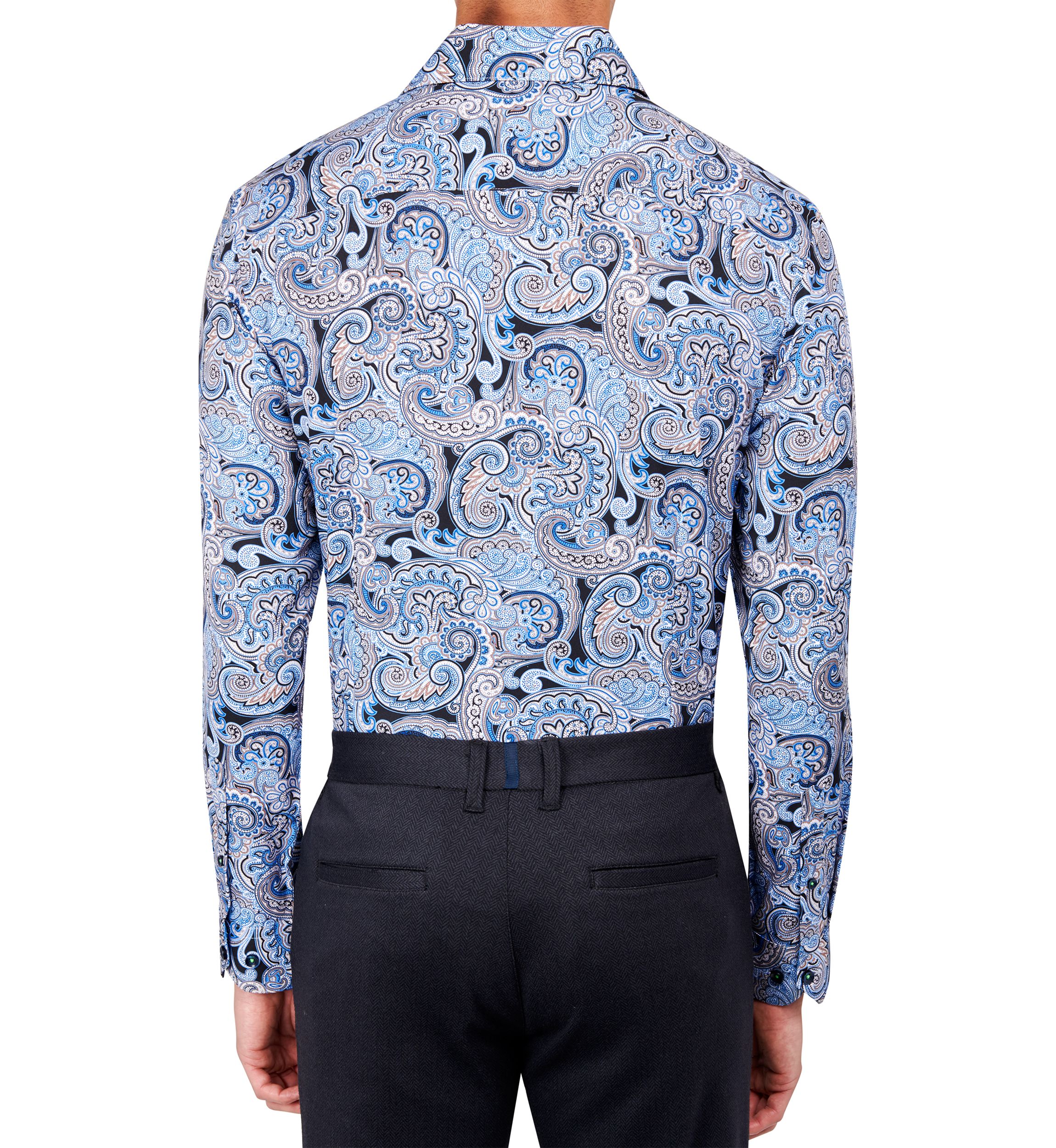 Mens Slim Fit Navy Swirl Paisley Performance Stretch Dress Shirt