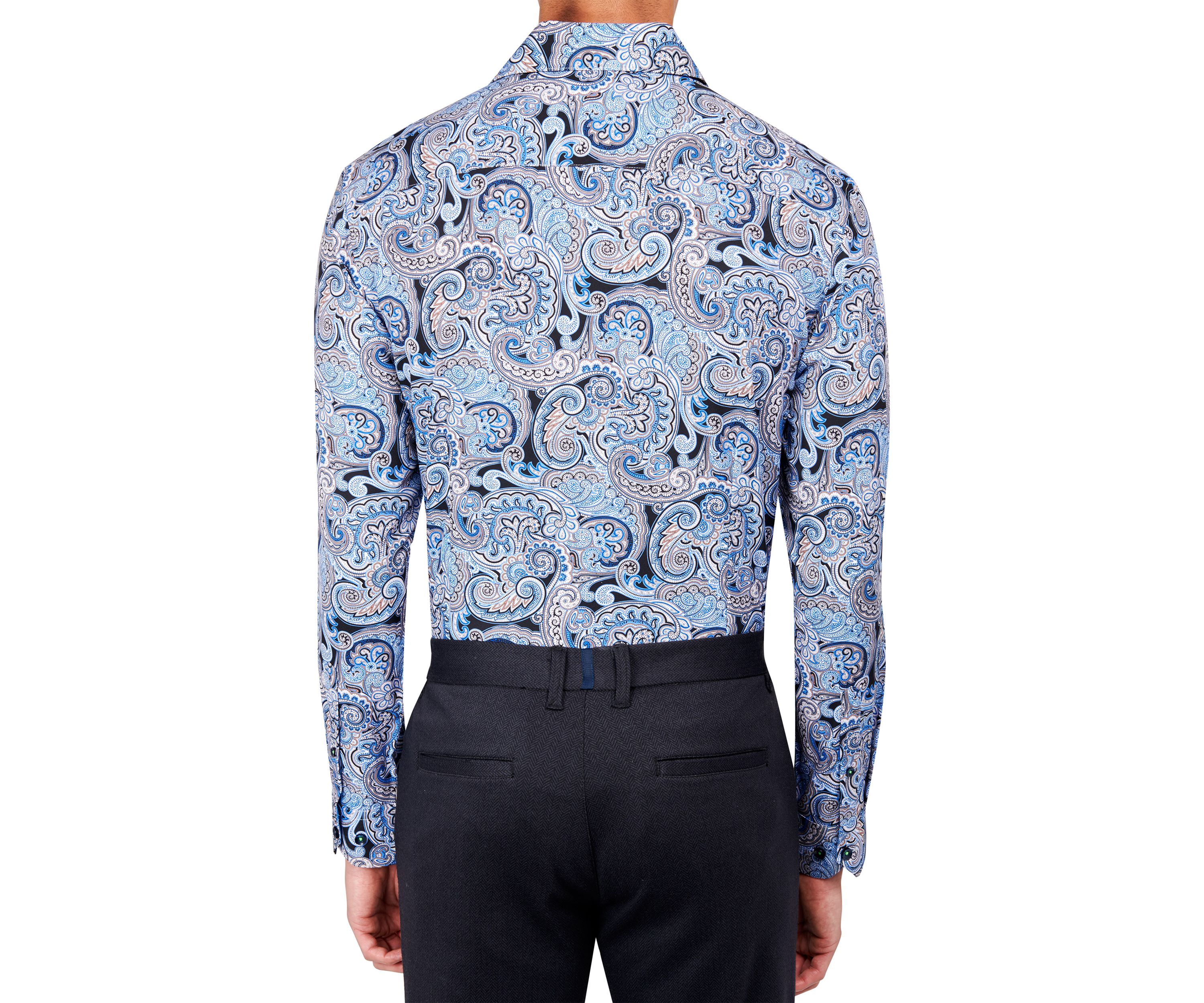 Mens Slim Fit Navy Swirl Paisley Performance Stretch Dress Shirt