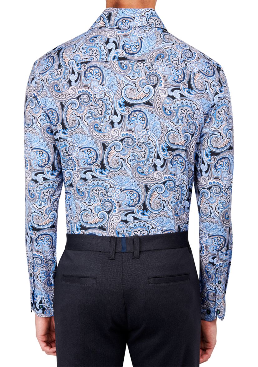 Mens Slim Fit Navy Swirl Paisley Performance Stretch Dress Shirt