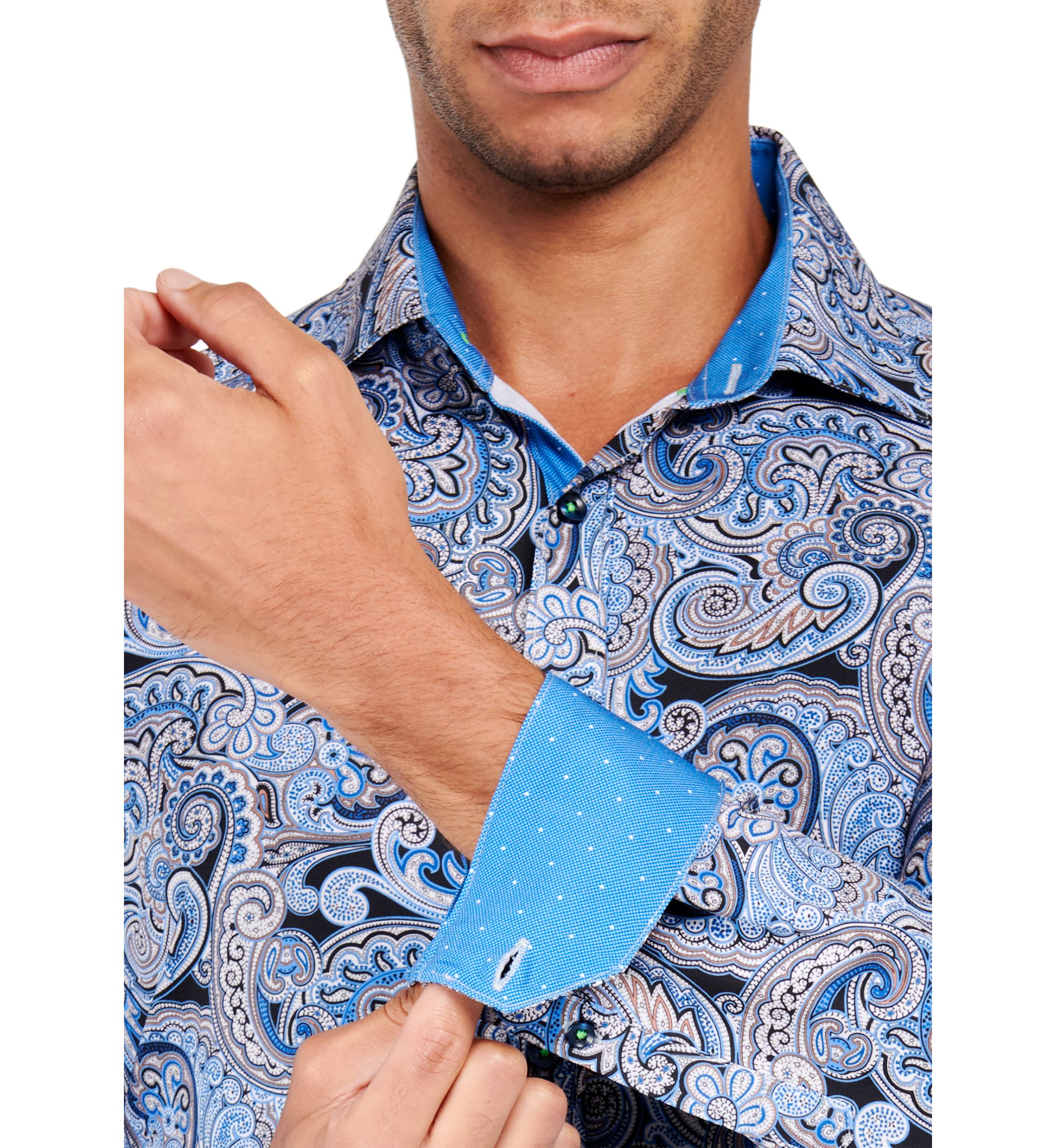 Mens Slim Fit Navy Swirl Paisley Performance Stretch Dress Shirt