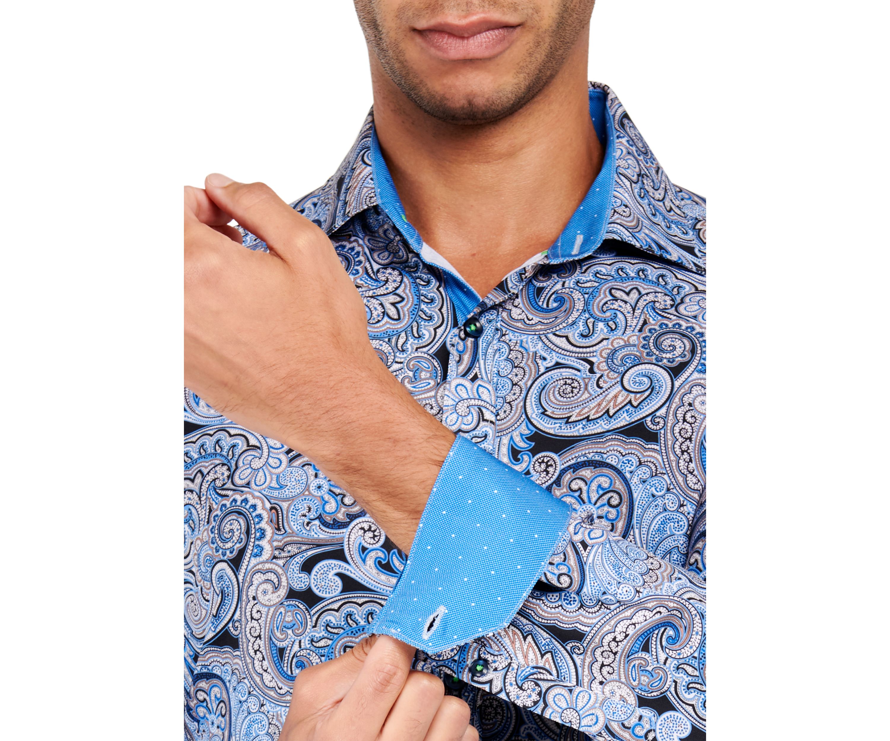 Mens Slim Fit Navy Swirl Paisley Performance Stretch Dress Shirt