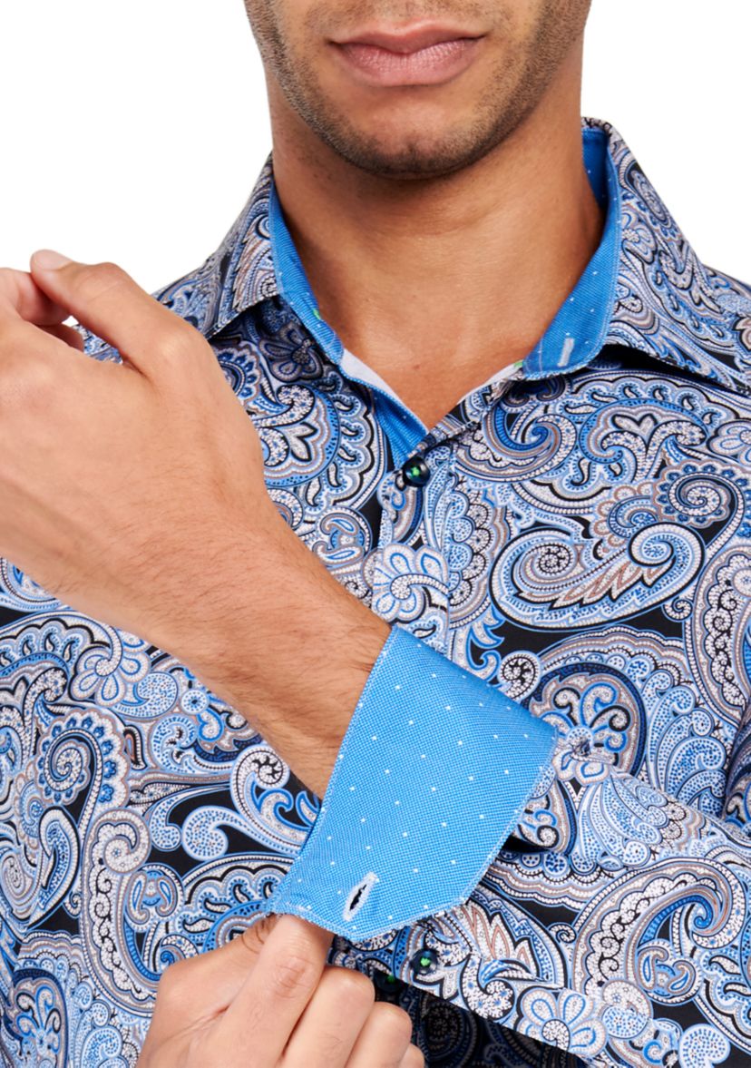 Mens Slim Fit Navy Swirl Paisley Performance Stretch Dress Shirt