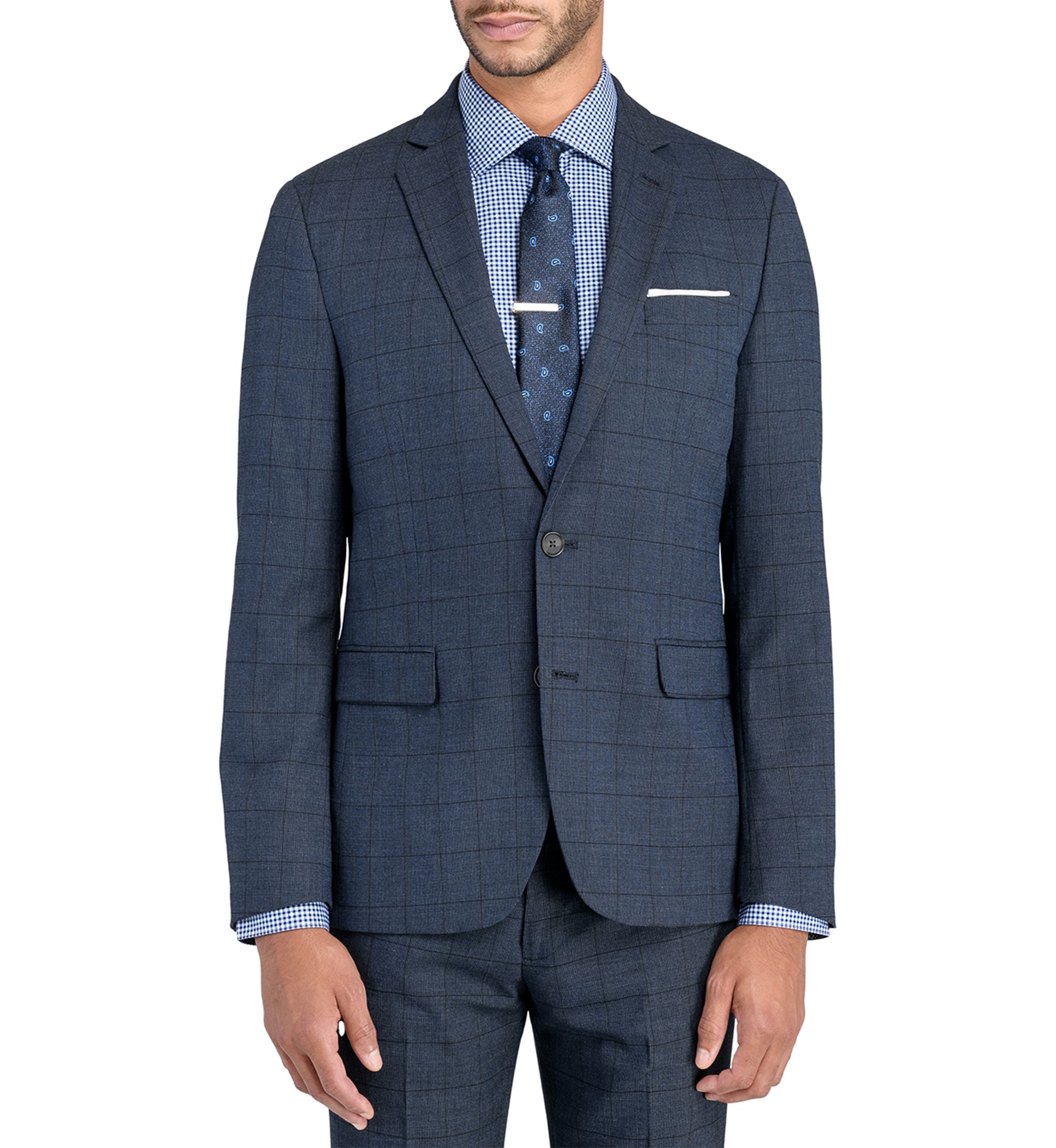 Mens Slim Charcoal Blue Windowpane Jacket
