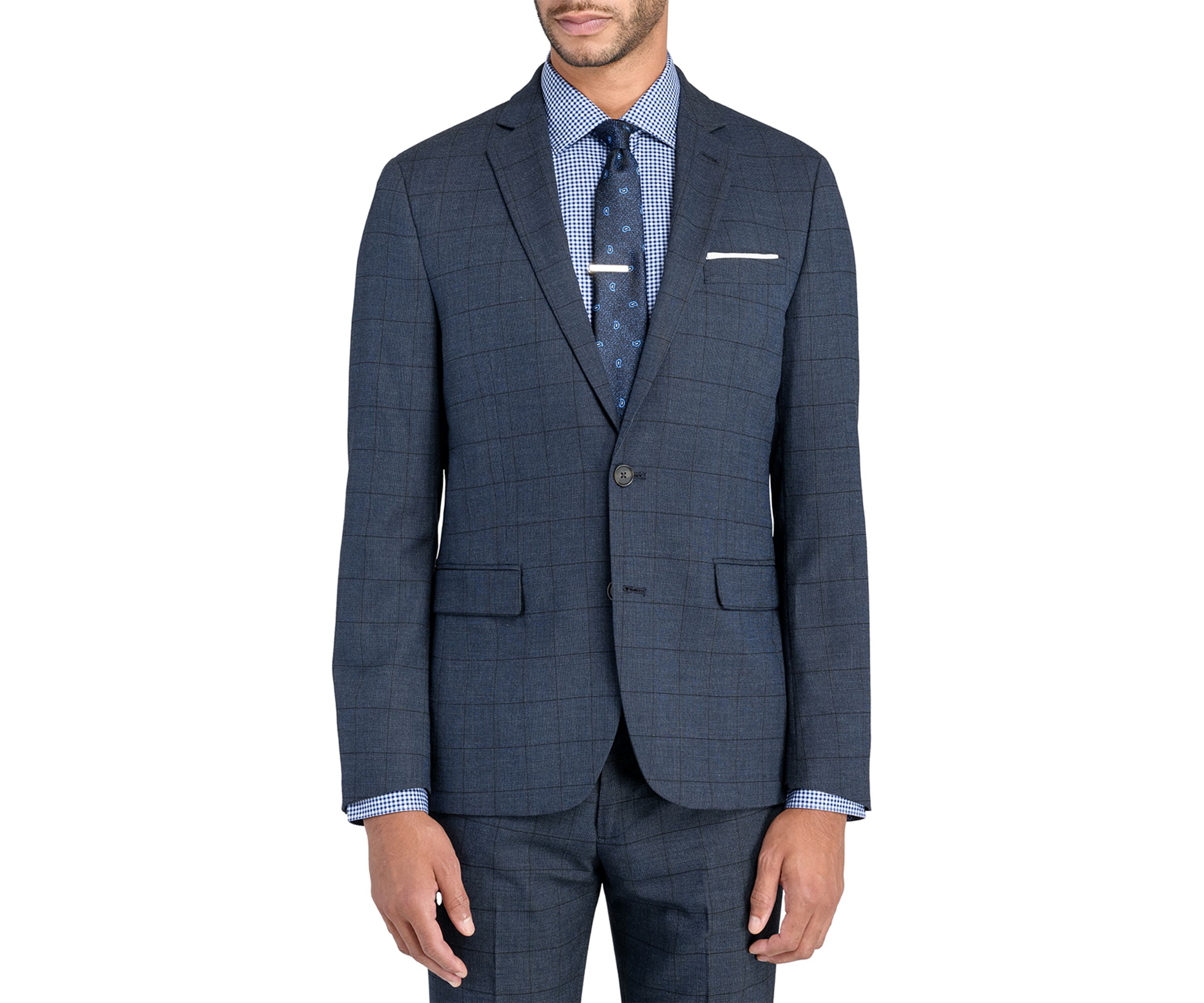 Mens Slim Charcoal Blue Windowpane Jacket