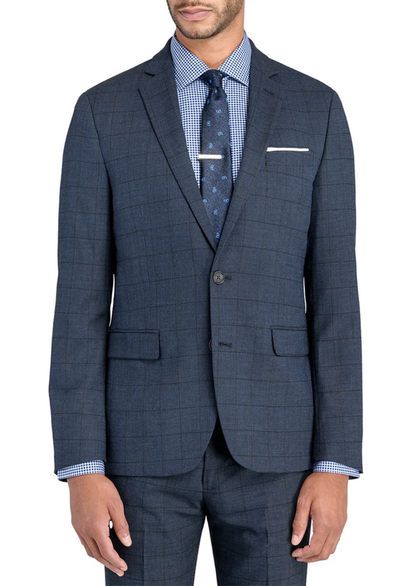 Mens Slim Charcoal Blue Windowpane Jacket