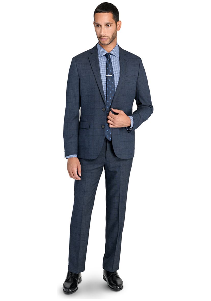 Mens Slim Charcoal Blue Windowpane Jacket