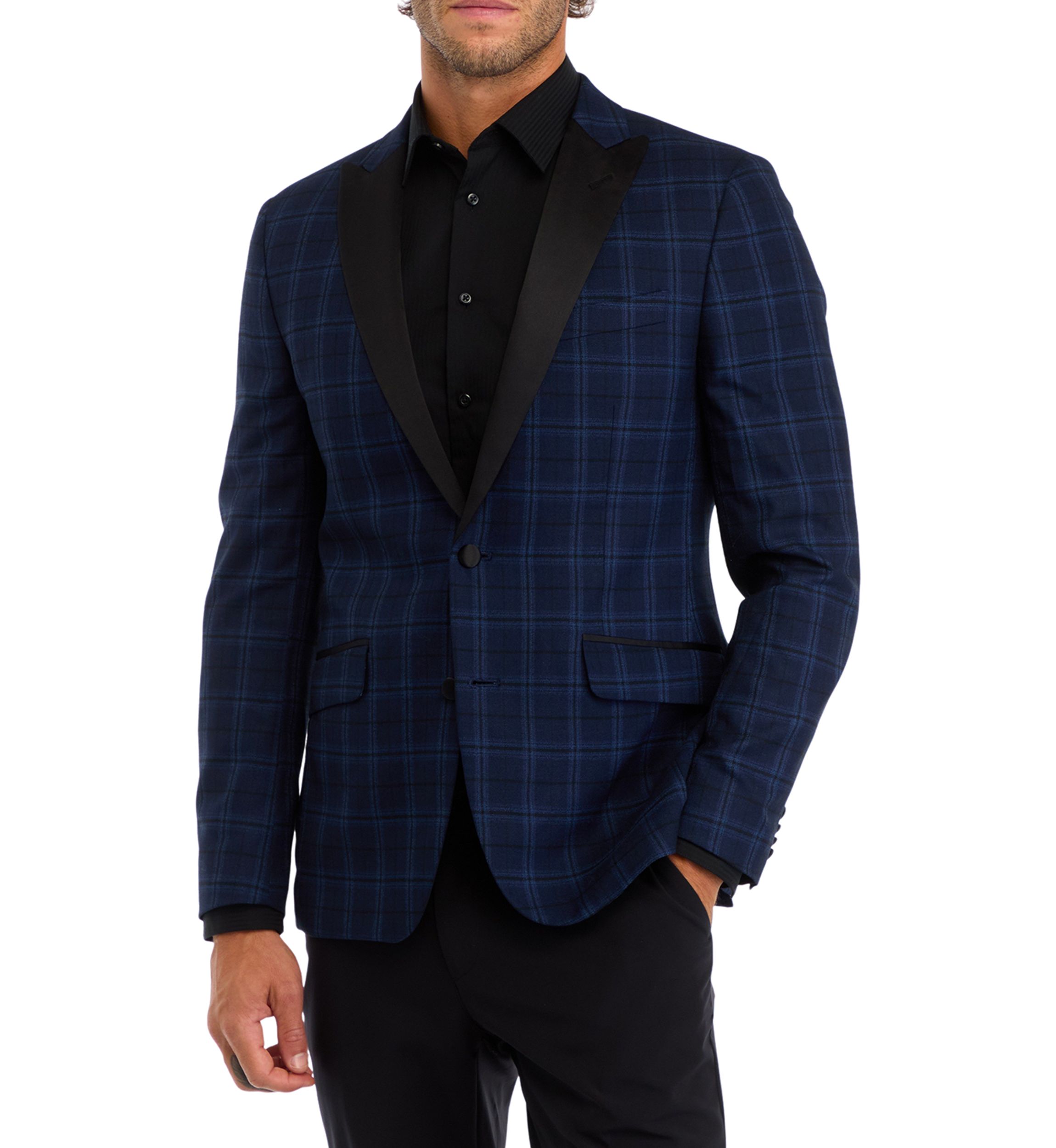 Mens Slim Fit Navy Plaid Evening Jacket