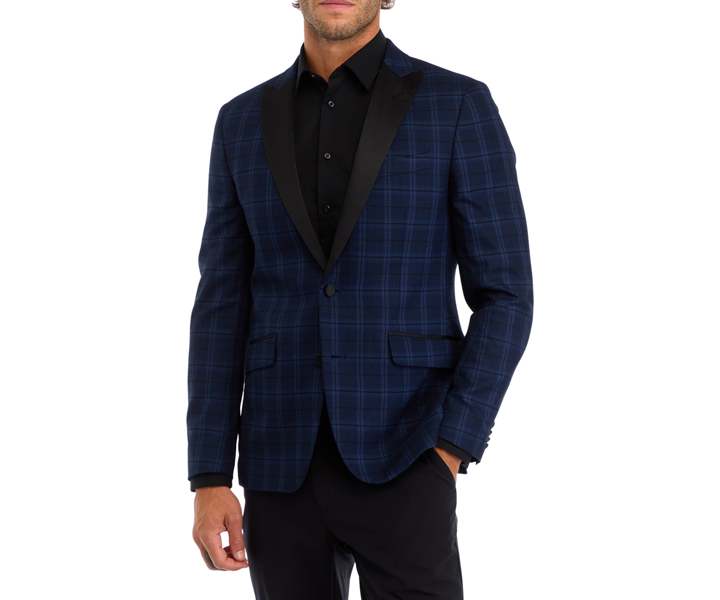 Mens Slim Fit Navy Plaid Evening Jacket