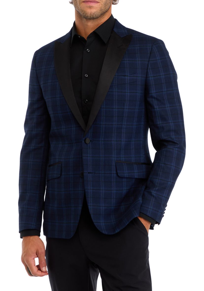 Mens Slim Fit Navy Plaid Evening Jacket