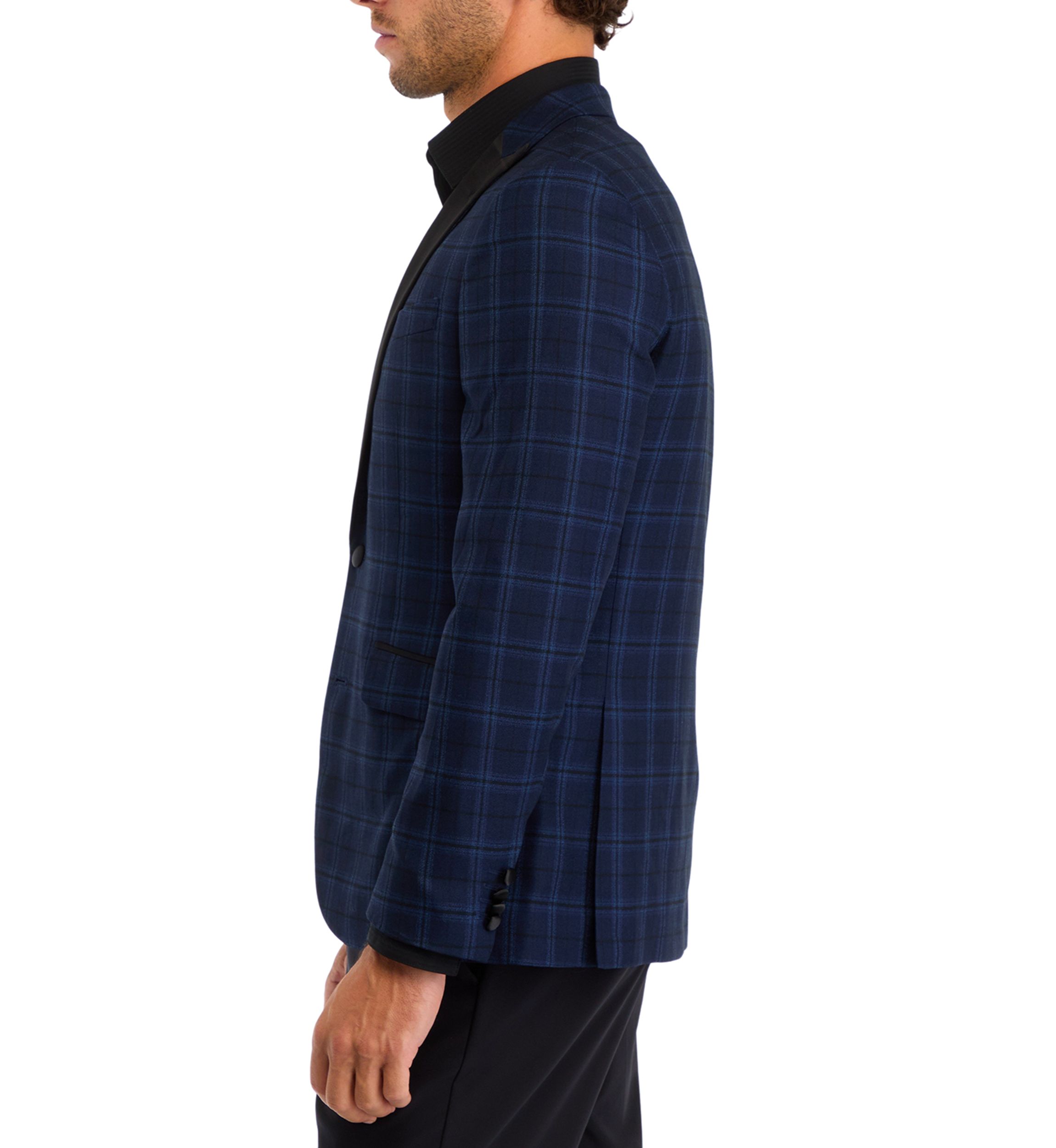 Mens Slim Fit Navy Plaid Evening Jacket