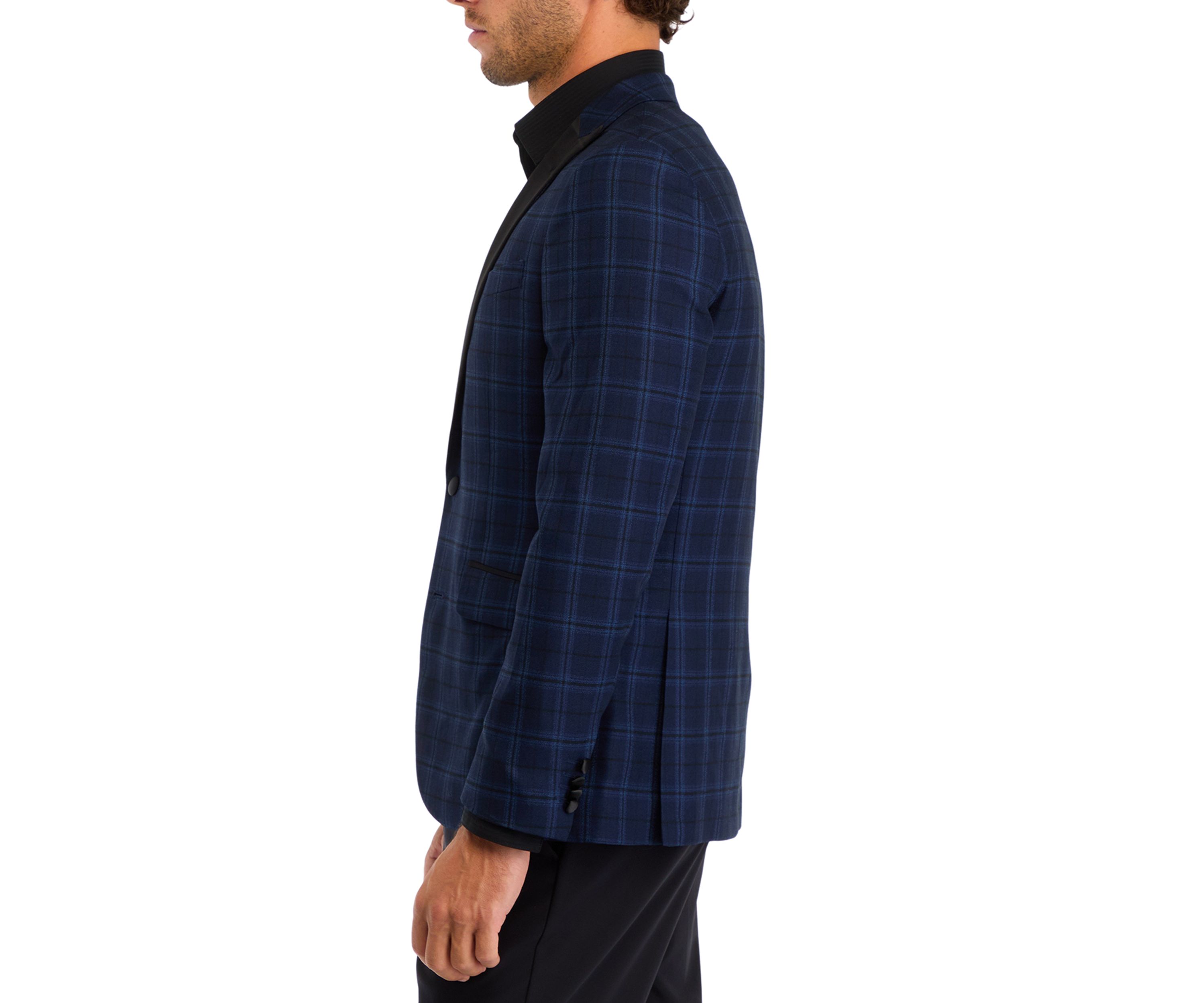 Mens Slim Fit Navy Plaid Evening Jacket
