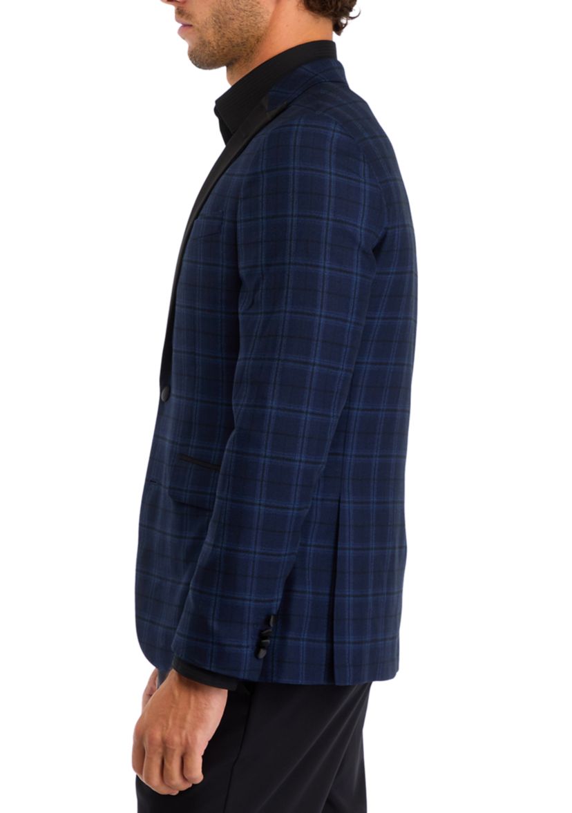 Mens Slim Fit Navy Plaid Evening Jacket