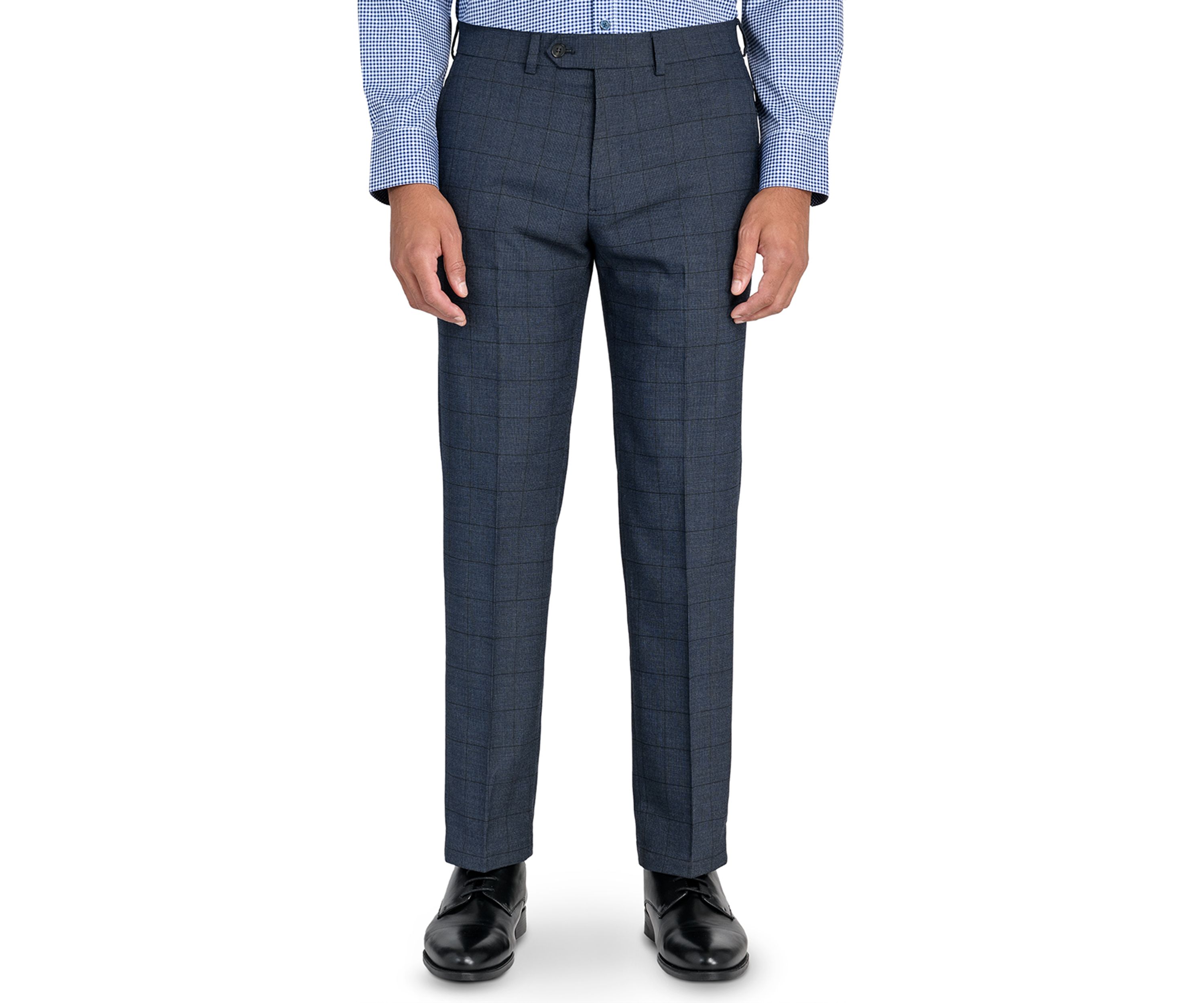 Mens Slim Charcoal Blue Windowpane Pants