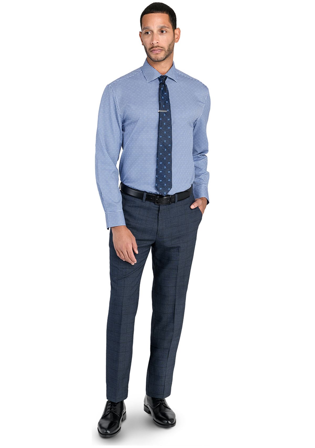 Mens Slim Charcoal Blue Windowpane Pants