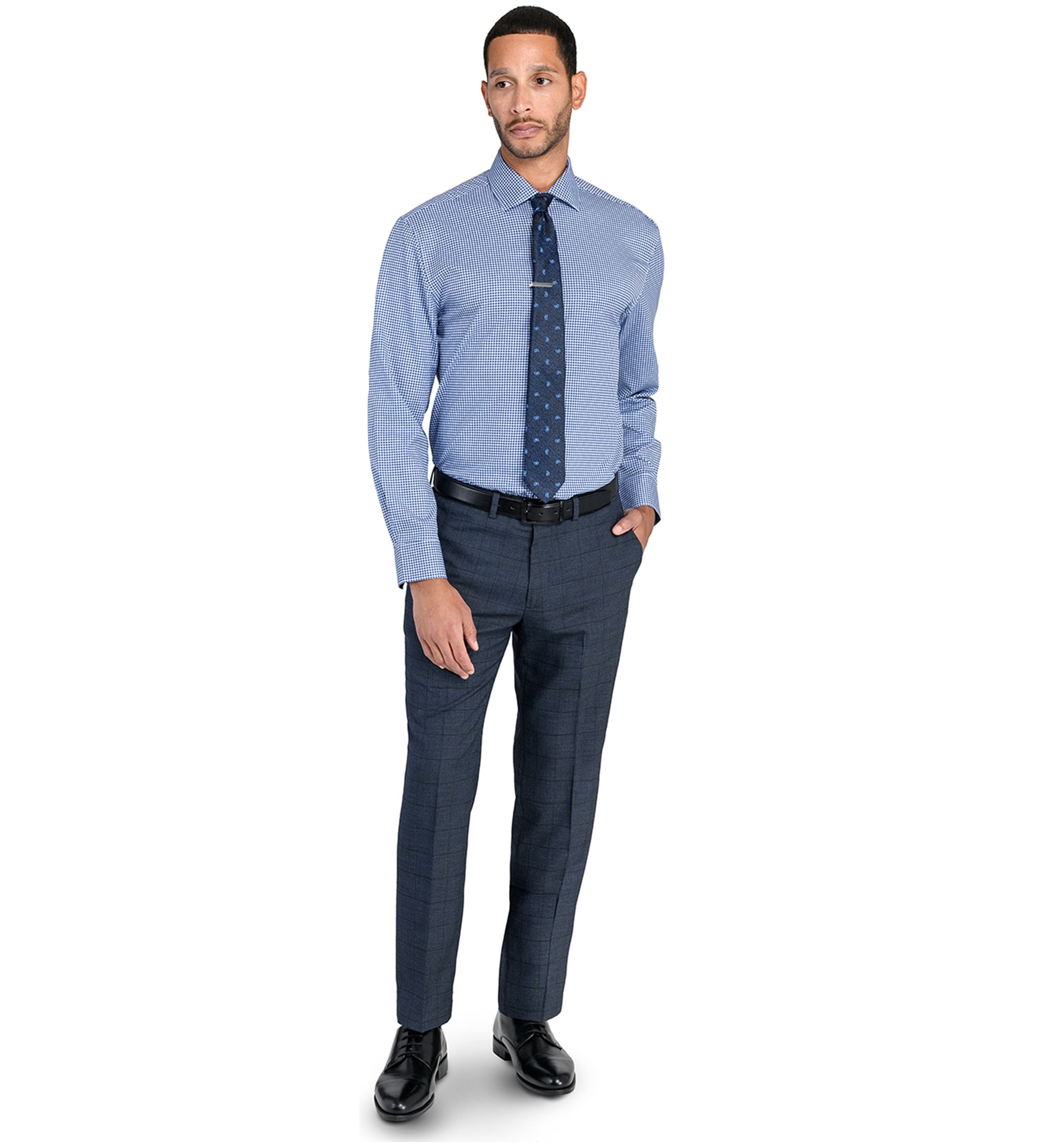 Mens Slim Charcoal Blue Windowpane Pants