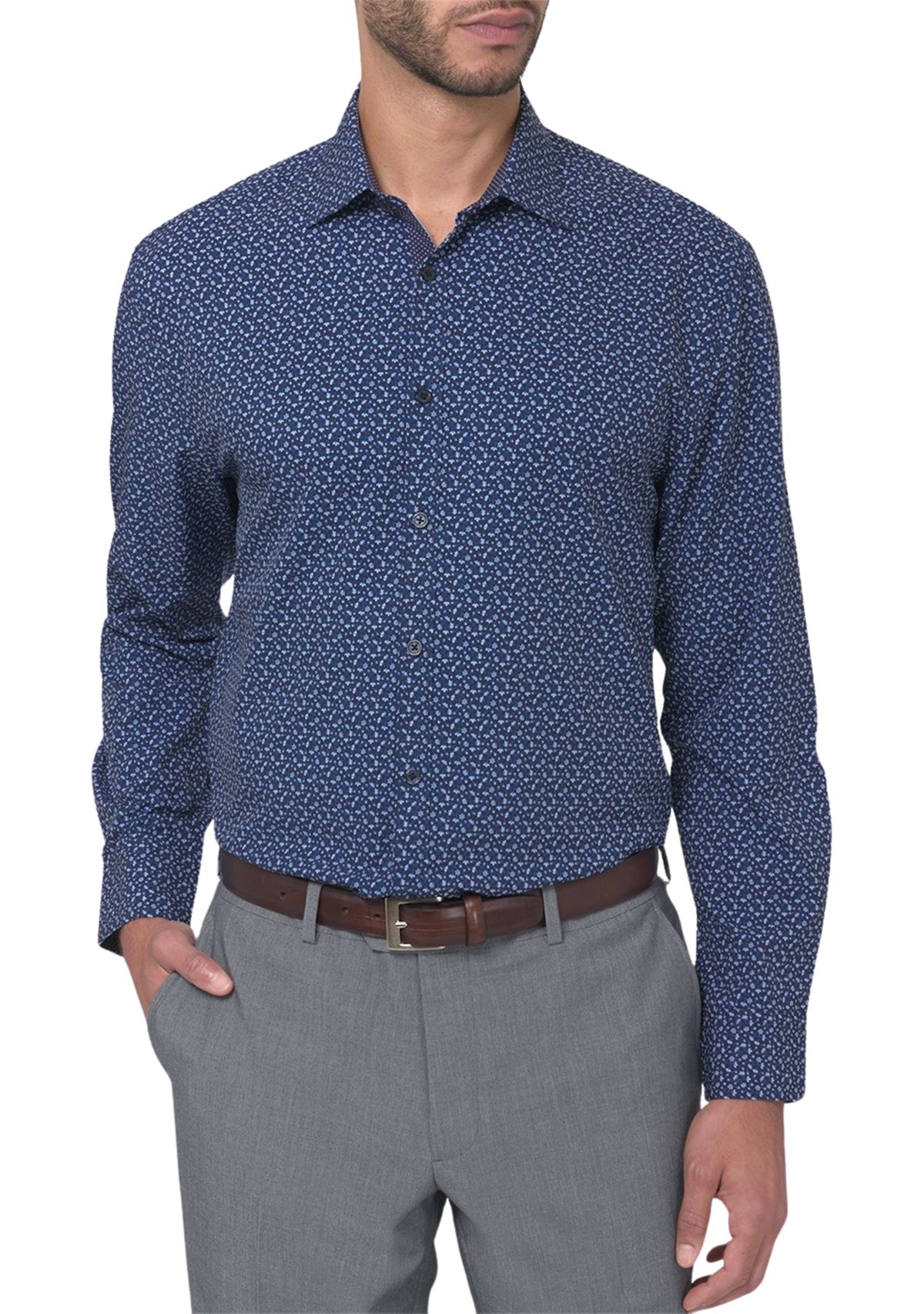 Mens Slim Fit Floral Performance Stretch Dress Shirt