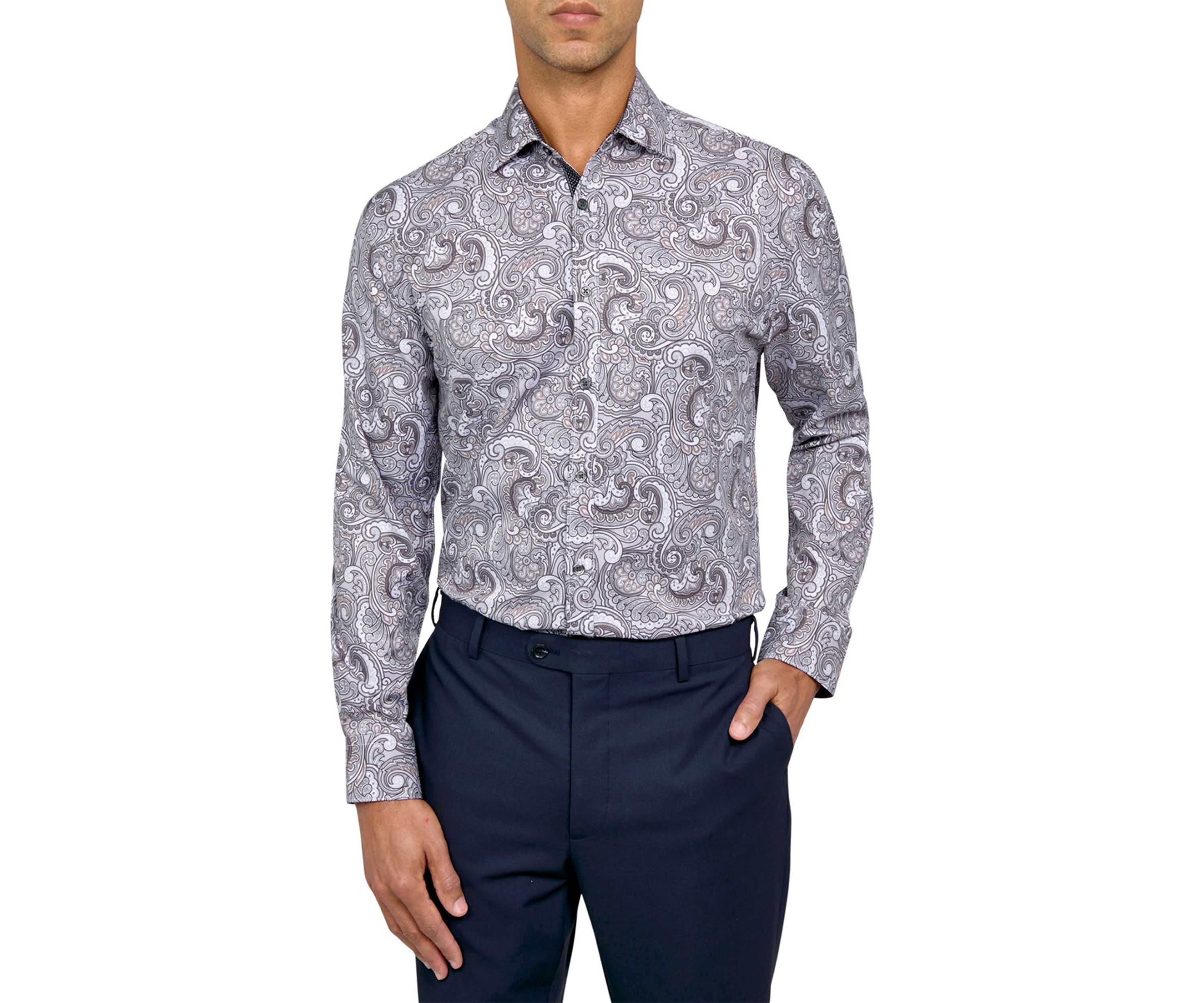 Mens Slim Fit Large Paisley Performance Stretch Dress Shirt