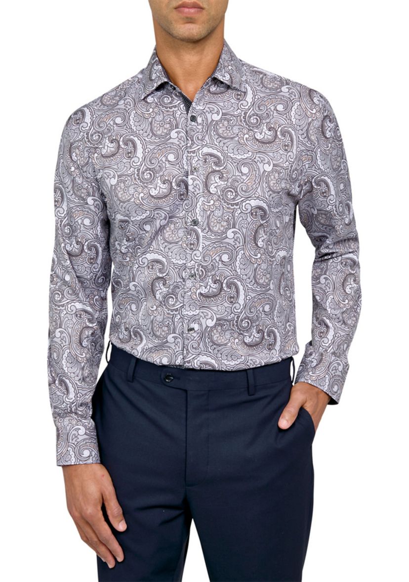 Mens Slim Fit Large Paisley Performance Stretch Dress Shirt