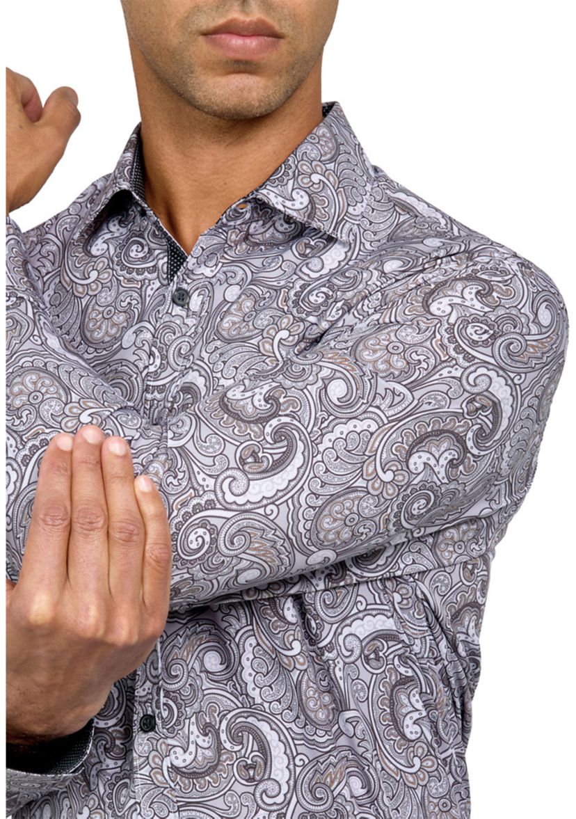 Mens Slim Fit Large Paisley Performance Stretch Dress Shirt