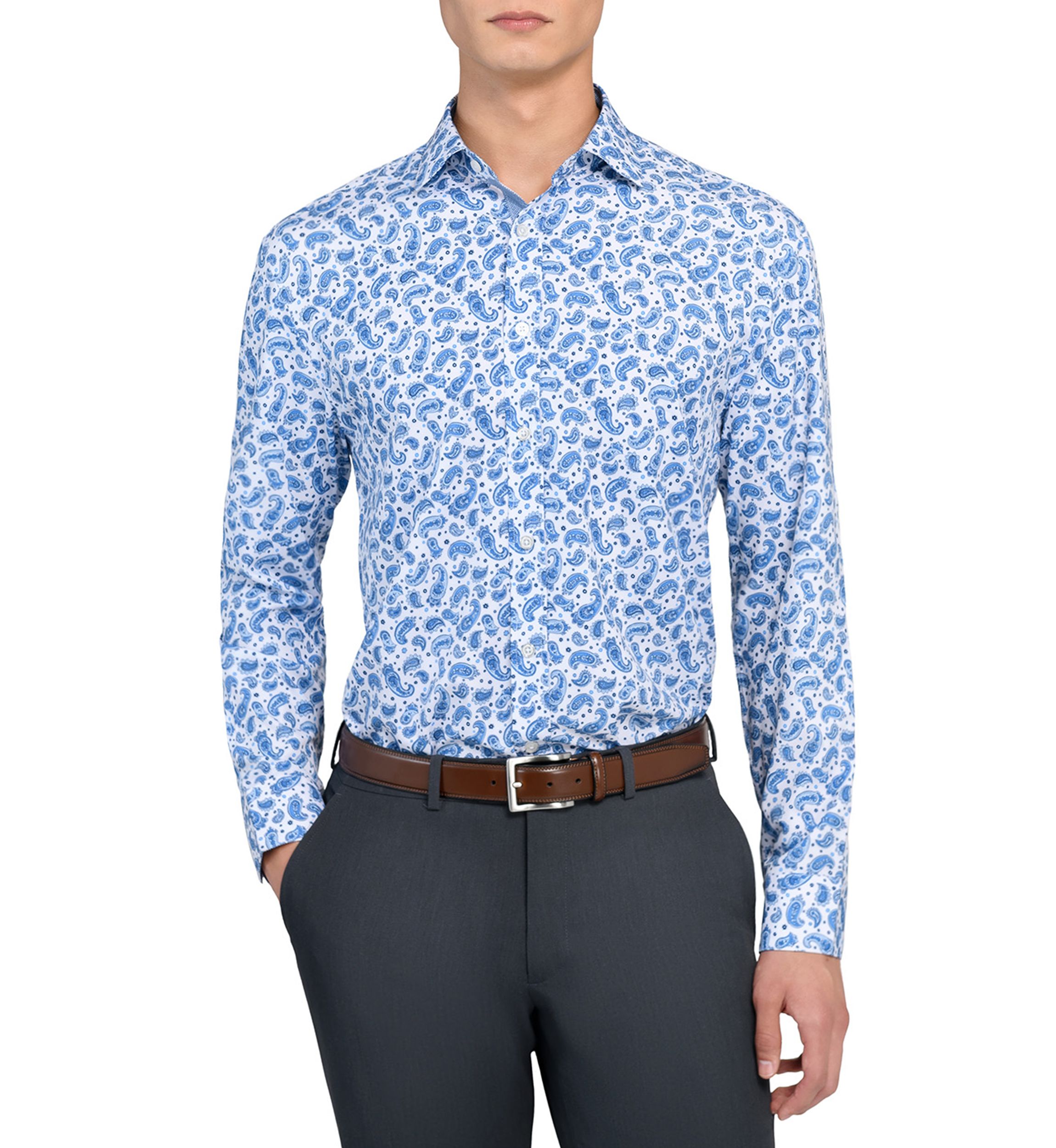 Mens Slim Fit Paisley Print Performance Stretch Dress Shirt