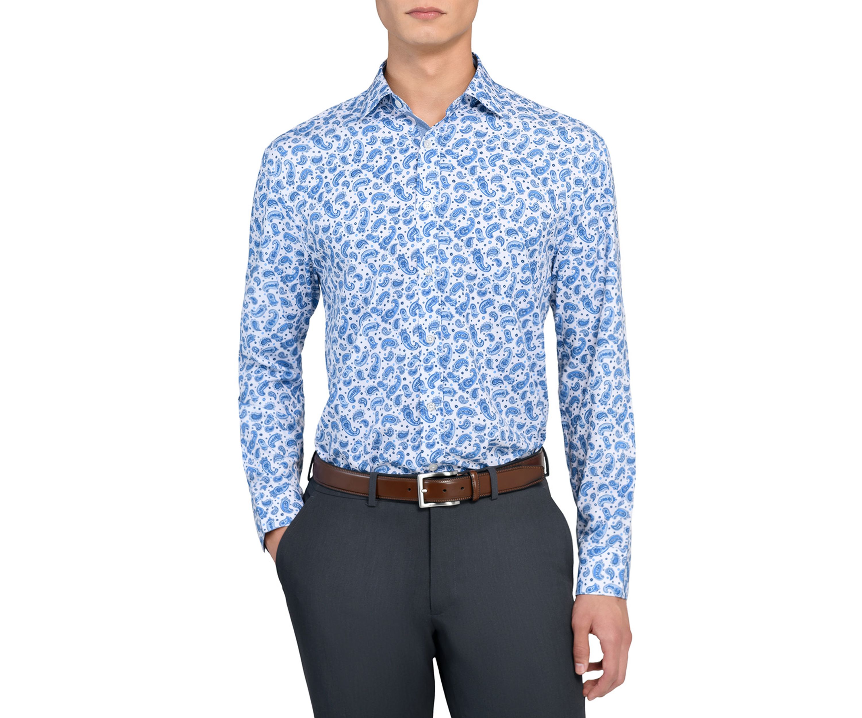 Mens Slim Fit Paisley Print Performance Stretch Dress Shirt