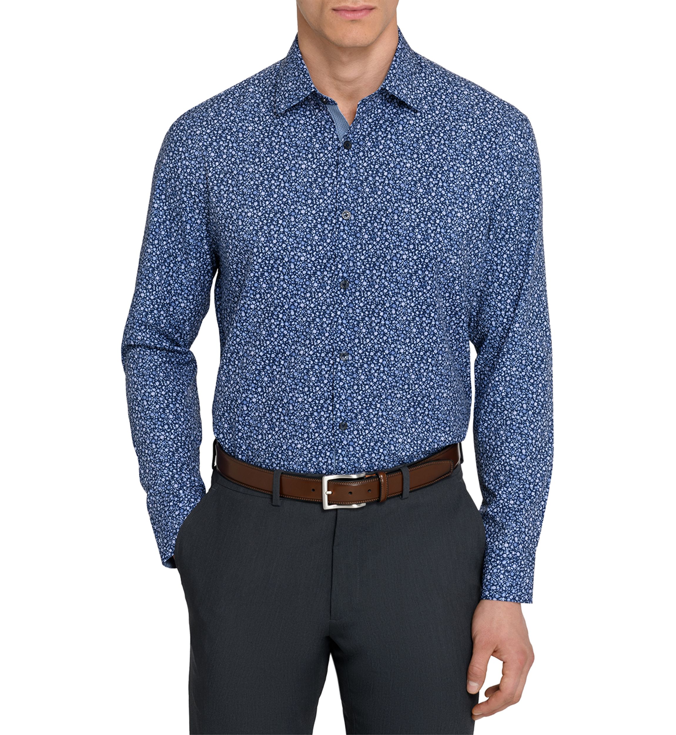Mens Slim Fit Micro Floral Performance Stretch Dress Shirt