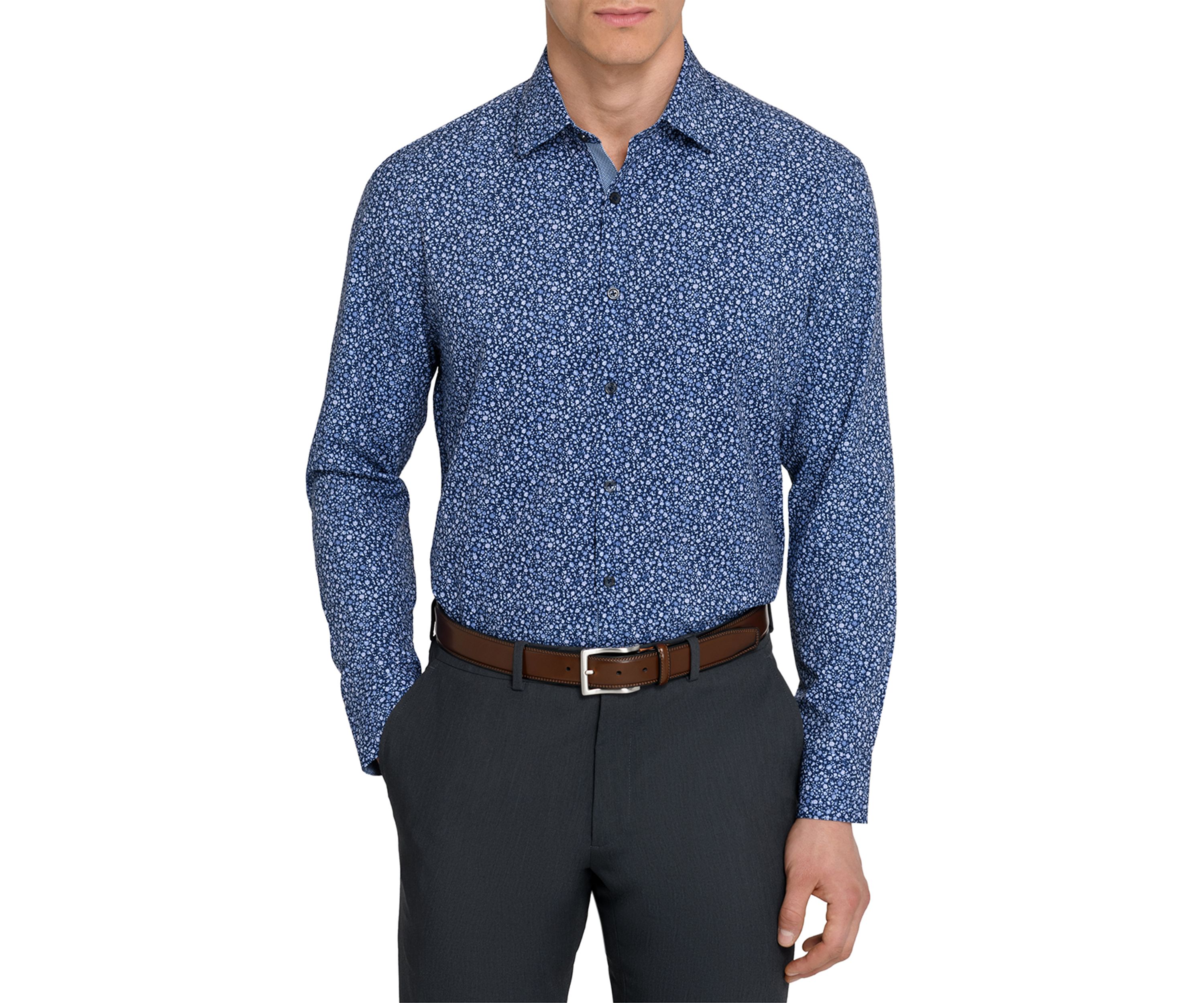 Mens Slim Fit Micro Floral Performance Stretch Dress Shirt