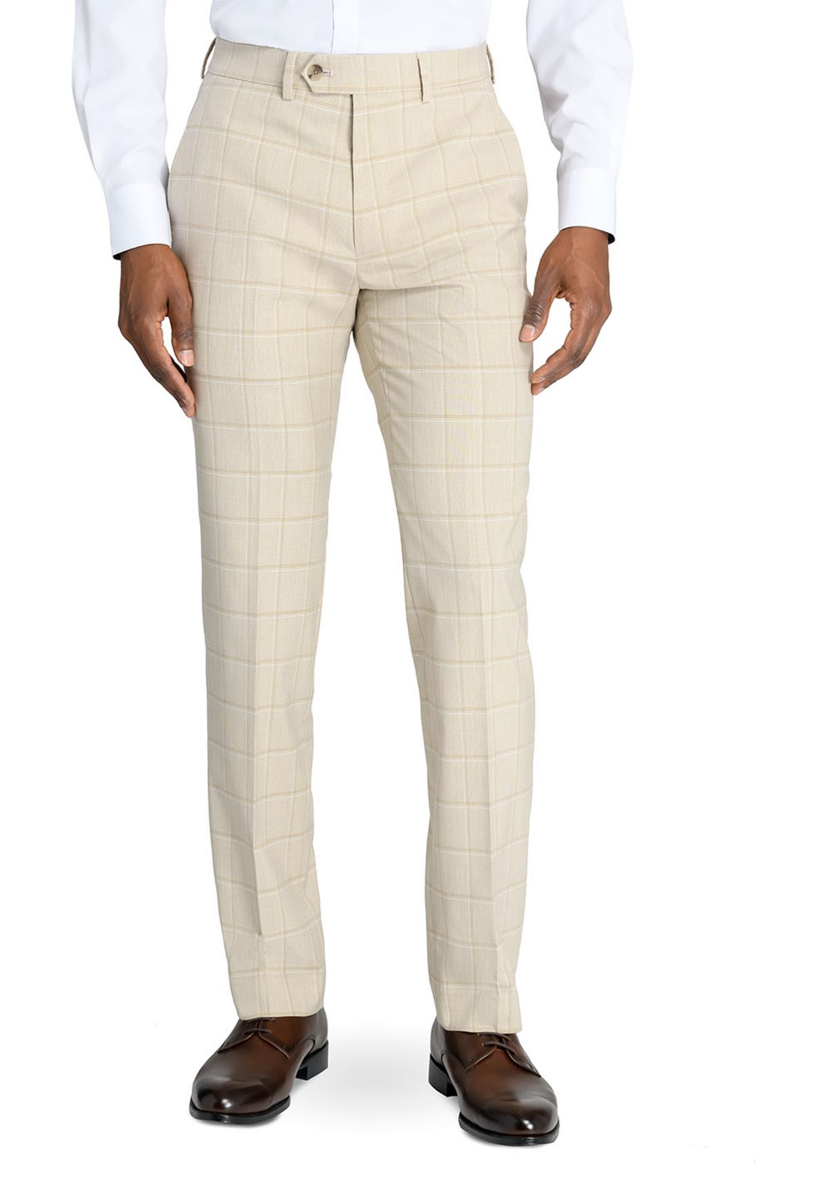 Mens Slim Fit Tan Windowpane Pants