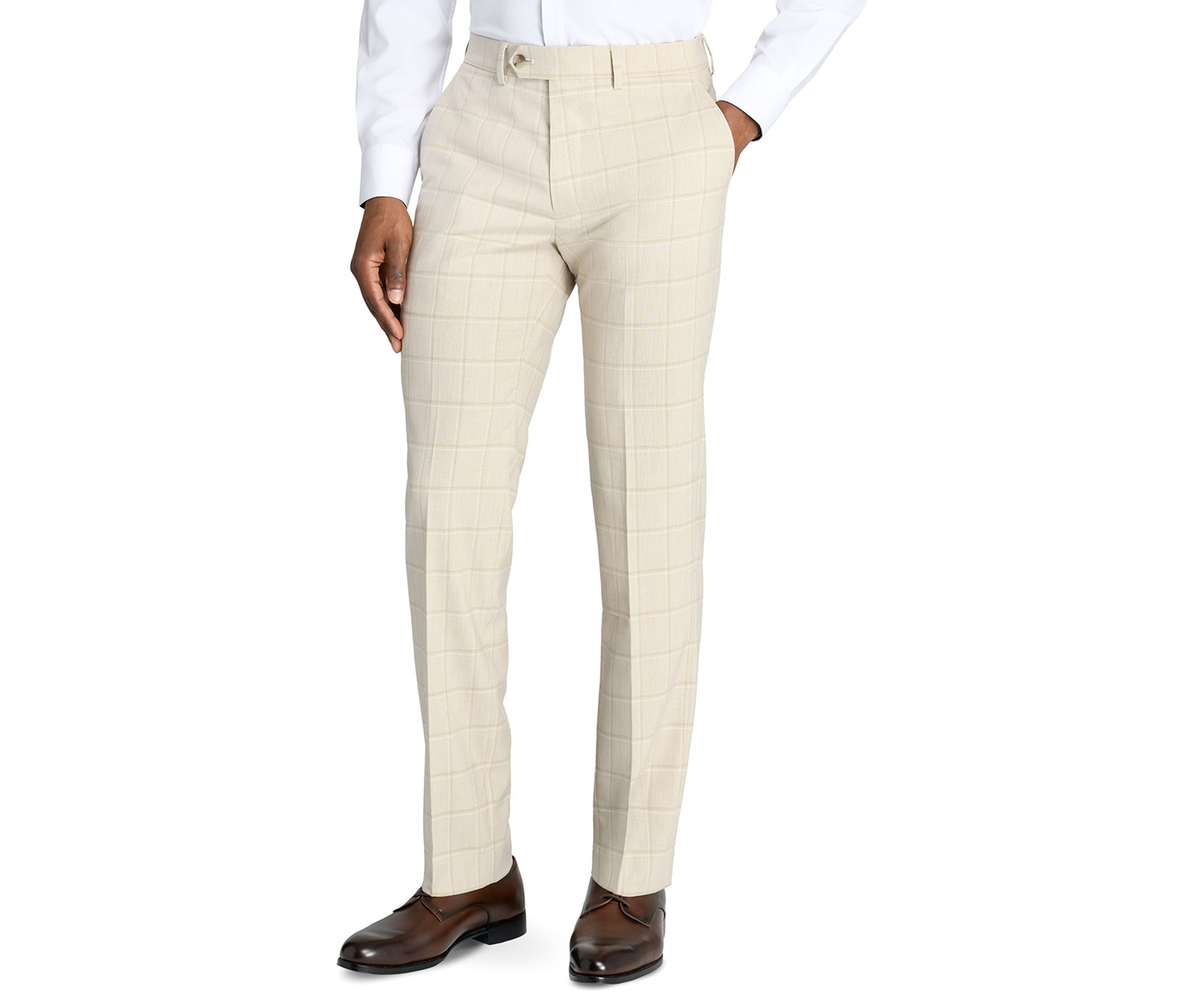 Mens Slim Fit Tan Windowpane Pants