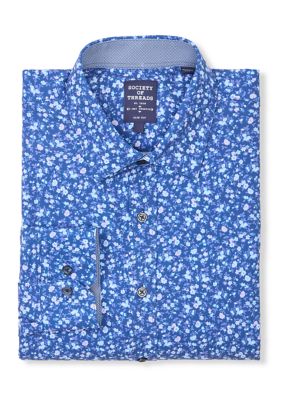 SOCIETY OF THREADS Men's Slim Fit Floral Print Dress Shirt, Navy Blue, 2XL