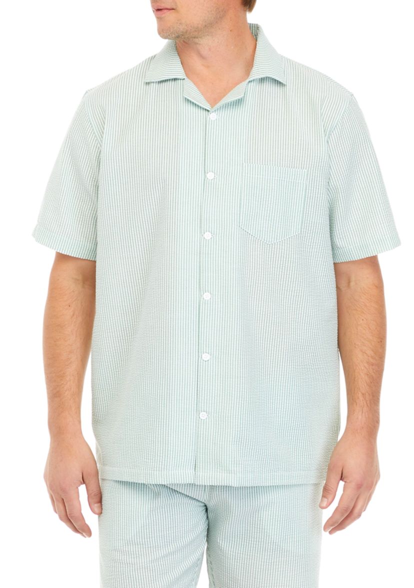 Mens Short Sleeve Woven Seersucker Camp Shirt 