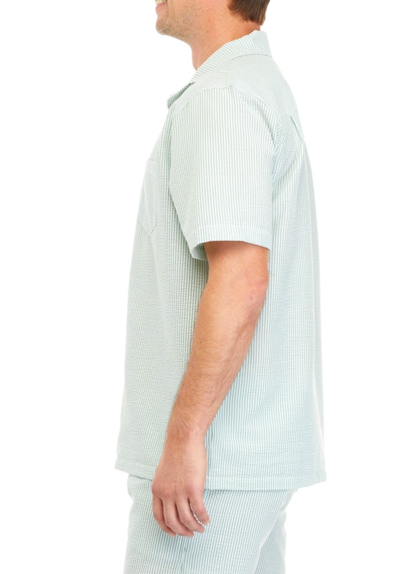 Mens Short Sleeve Woven Seersucker Camp Shirt 