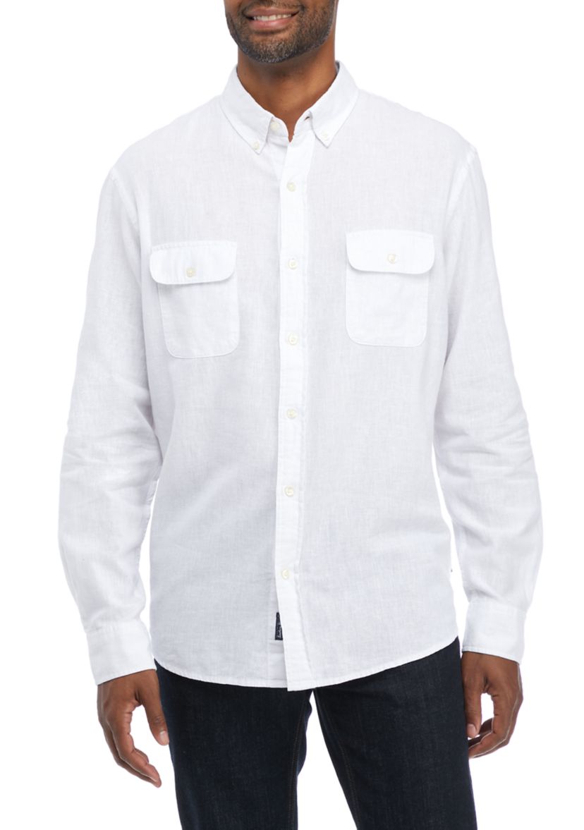 Long Sleeve Woven Linen Cotton Button Up Shirt 