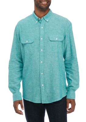 Crown & Ivy Men's Long Sleeve Woven Linen Cotton Button Up Shirt, Medium