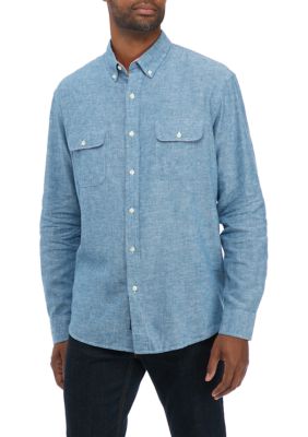 Crown & Ivy Men's Long Sleeve Woven Linen Cotton Button Up Shirt, Medium